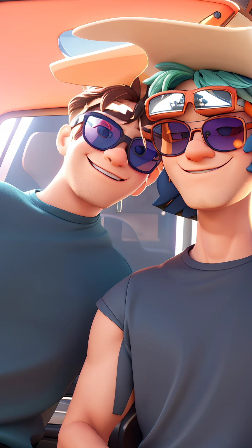 they are wearing sunglasses with cars on them, 📷 mungojerrie and rumpleteazer, frontal picture, the cars have faces, tumblr, colored photo, wearing shades, lovers