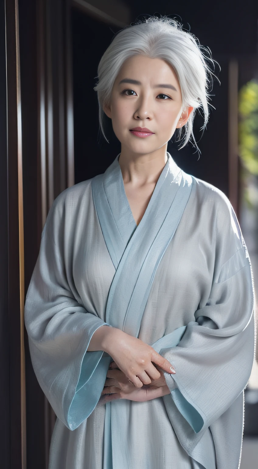 ((Best quality at best, 8K, tmasterpiece :1.3)), Focus sharp:1.2 , 真实感,(电影灯光),Facial detail texture. eye detailed. 二重まぶた, long slim figure. Breasts are super small, Sexy collarbone,70-year-old grandmother, Photorealistic:1.37,perfect eyes, ((1 old man in gray yukata)),(white sash),(Thick cloth),((Tattered linen)),With a petite figure,White hair,hair-bun,Qi bangs,standing in the snow,Place your hands behind your back,Full body like,short- sleeved,robe,folds,((solid color backdrop)),Front lens,There are several wrinkles on the face,Traditional Chinese women,treat kindly,white haired Cangcang,landscape temple background,in a temple,Back to the bell tower,Full body lesbian,Full body like,street frontage,Alone in the temple,In the center of the picture,Stand at the temple gate,Front lens,The body is facing forward