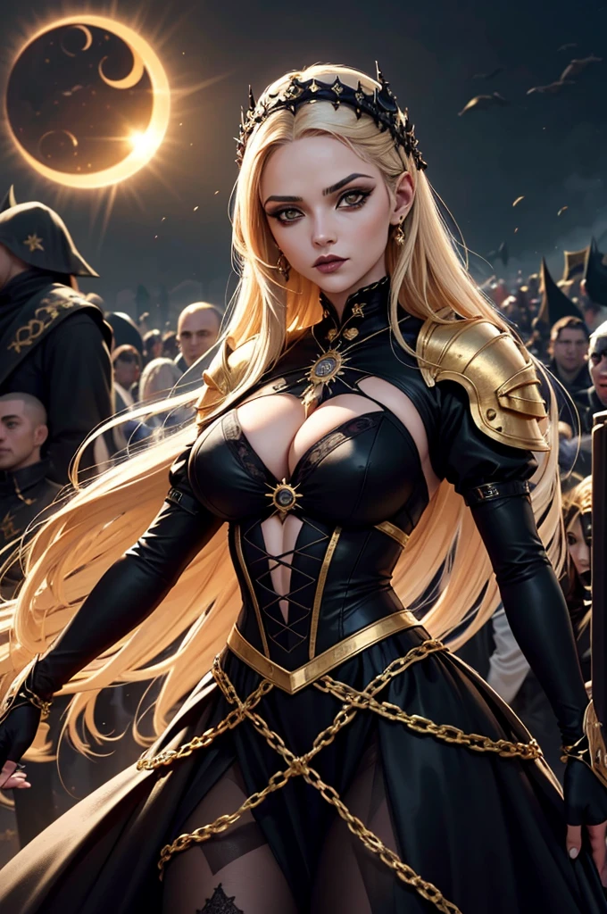 Uma personagem feminina usando capa com cabelos dourado curto, In the midst of the crowd,eclipse,goth clothing, detalhadas, 8k, magnificent art, dramatic scene, Eclipse at the apex of the image, maga, olhos azuis. Gothic armor with gold and black details.