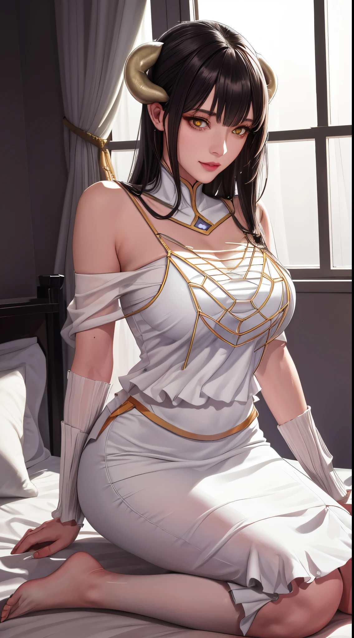 （（（albedo \(the good\), white horns, demonic horns, Pupil of the slit，White dress, long  skirt，Black wings, Feathered wings，black color hair，Golden pupils，Fashionab））），((tmasterpiece)),A high resolution, ((Best quality))，tmasterpiece，top-quality，Best quality at best，（（（ exquisite facial features，looking at viewert,There is light in the eyes，Smilingly，self-assured ））），（（（Light and shadow interlace，huge boob，Lop，Protruding nipples））），（（（Araf woman in dress sitting on bed, Korean girls, gorgeous young korean woman, beautiful Korean women,  korean woman, photo of slim girl, beautiful young korean woman, Attractive posing, gas station trends, 2 4  old female model, Nice face, from below）））