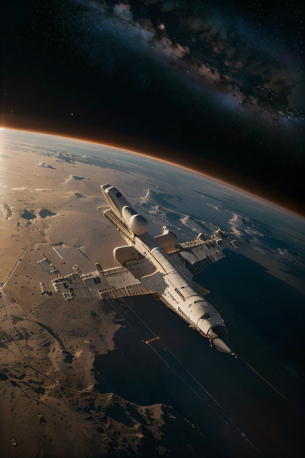 In space, a space shuttle flies to Mars, realistic, hyper-realistic, bright picture, different machines, starry sky, during the day, unveiling large mechanical details, super wide angle, bird's eye view, high reality, light and dark