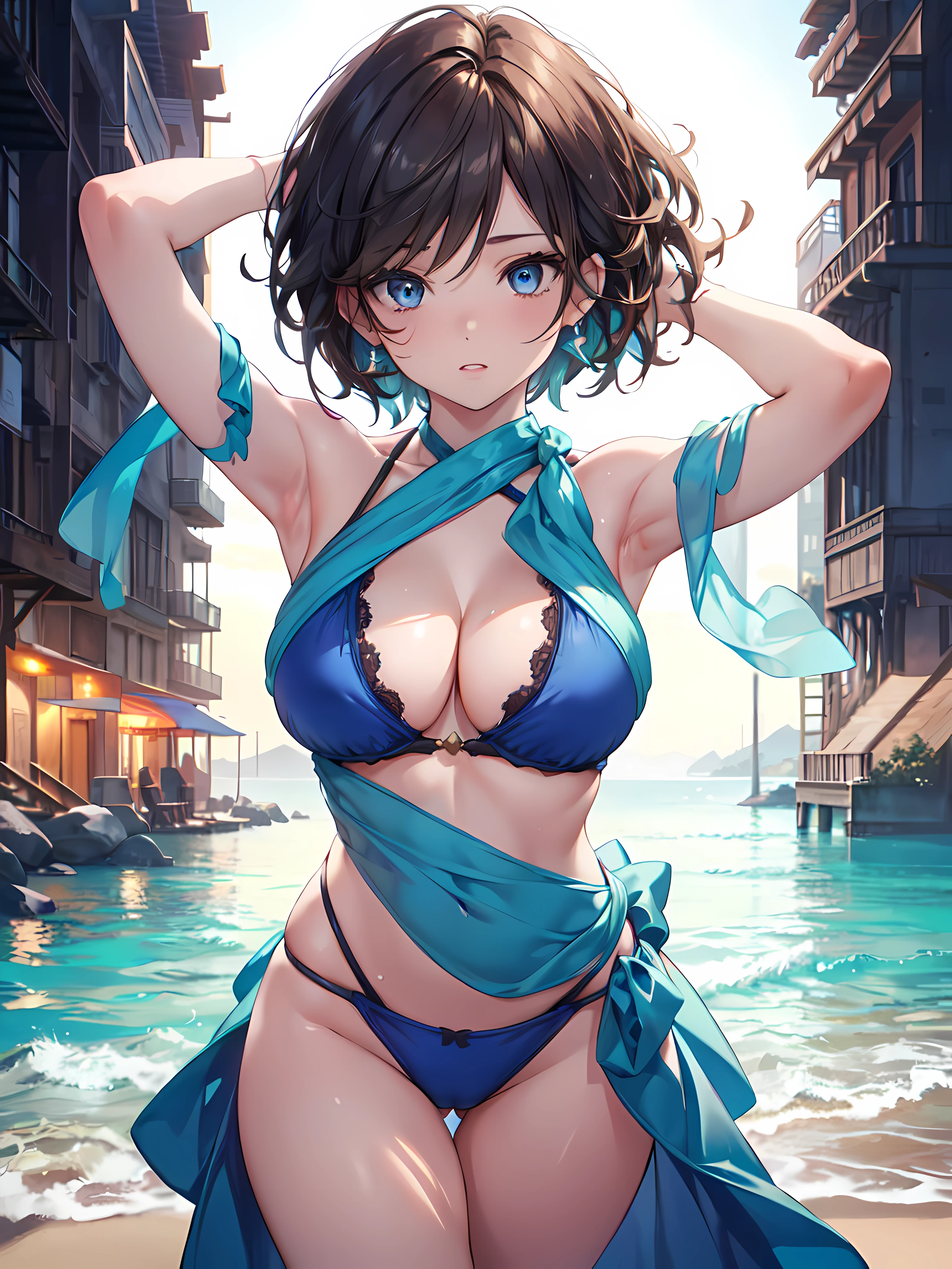 1girl, Maypokemon, blue bandana, brown hair, short hair, blue eyes, posing in a blue bikini with her arms up, detailed eyes and face, long eyelashes, beautiful detailed lips, breasts, cleavage, detailed thighs, beach, (best quality,4k,8k,highres,masterpiece:1.2),ultra-detailed,(realistic,photorealistic,photo-realistic:1.37), HDR, UHD, studio lighting, physically-based rendering, professional, vivid colors, bokeh