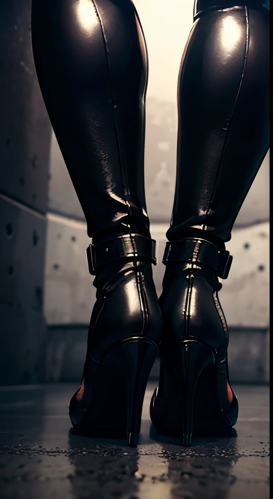 underground room,perspiring,Ass,,Beautiful female legs,Black leather gloves,Detailed,Detailed feet,Beautiful woman background,posterior view,Concrete floors,Concrete walls,beautiful foot,Black leather bikini,perspiring,Black Leather High Heels,