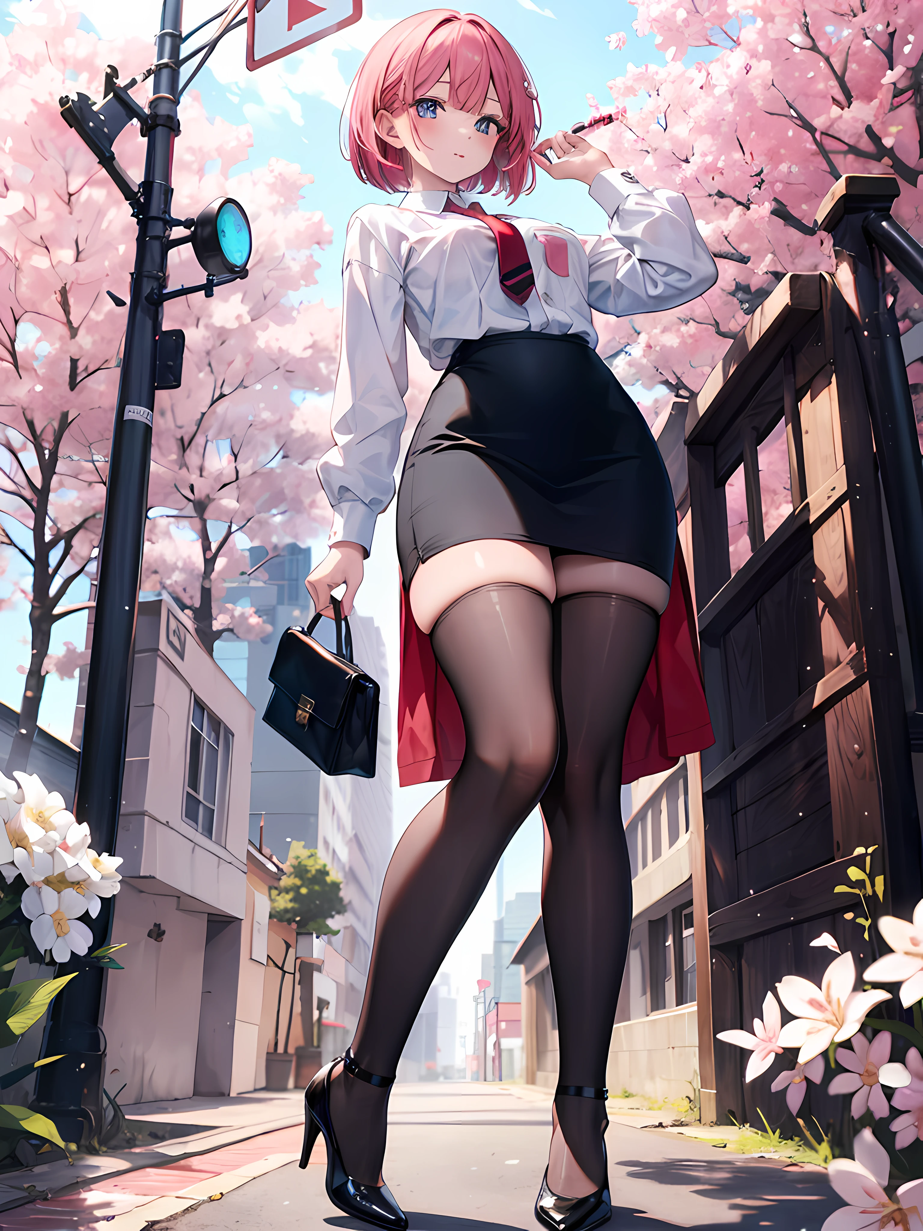masterpiece, best quality,4girl,young girl, plum_pie eyes, without clothes, , choppy bob,envious _face,shiny skin,medium breasts,nice leg line:1.3,thick thighs, thin waist,school uniform, thighhighs,necktie,((pencil skirt)),red color high heels, pantyhose, , Pathway_lined_with_blooming_cherry_blossom_trees,,looking at viewer,from below,full body, legsupsexms, naked, nipple, nsfw
