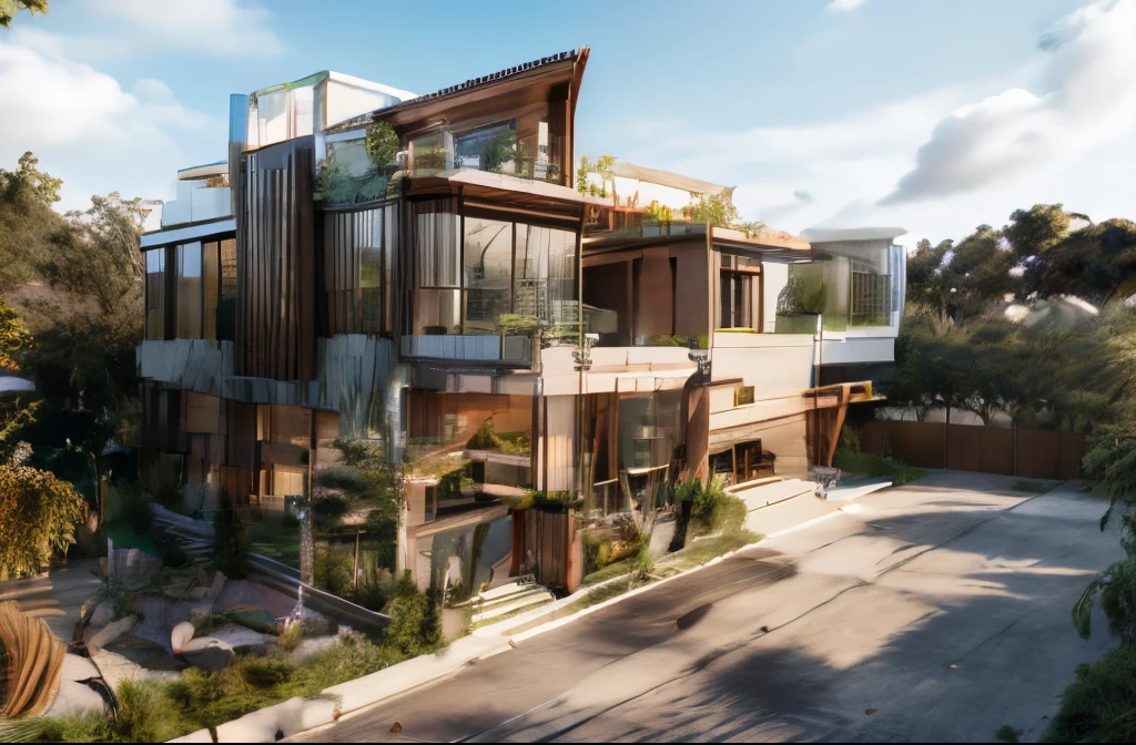 Exterior, mordenhouse, Promt:masterpiece, (photorealistic:1.2), best quality, ultra high res,architechture, exterior,Modern villa on the hill, glass windows,trees,traffic road,r,in the style of realistic hyper-detailed rendering, 32k uhd,composite construction, piles/stacks, innovative page design,daylight,Vray, Artistic iron roof