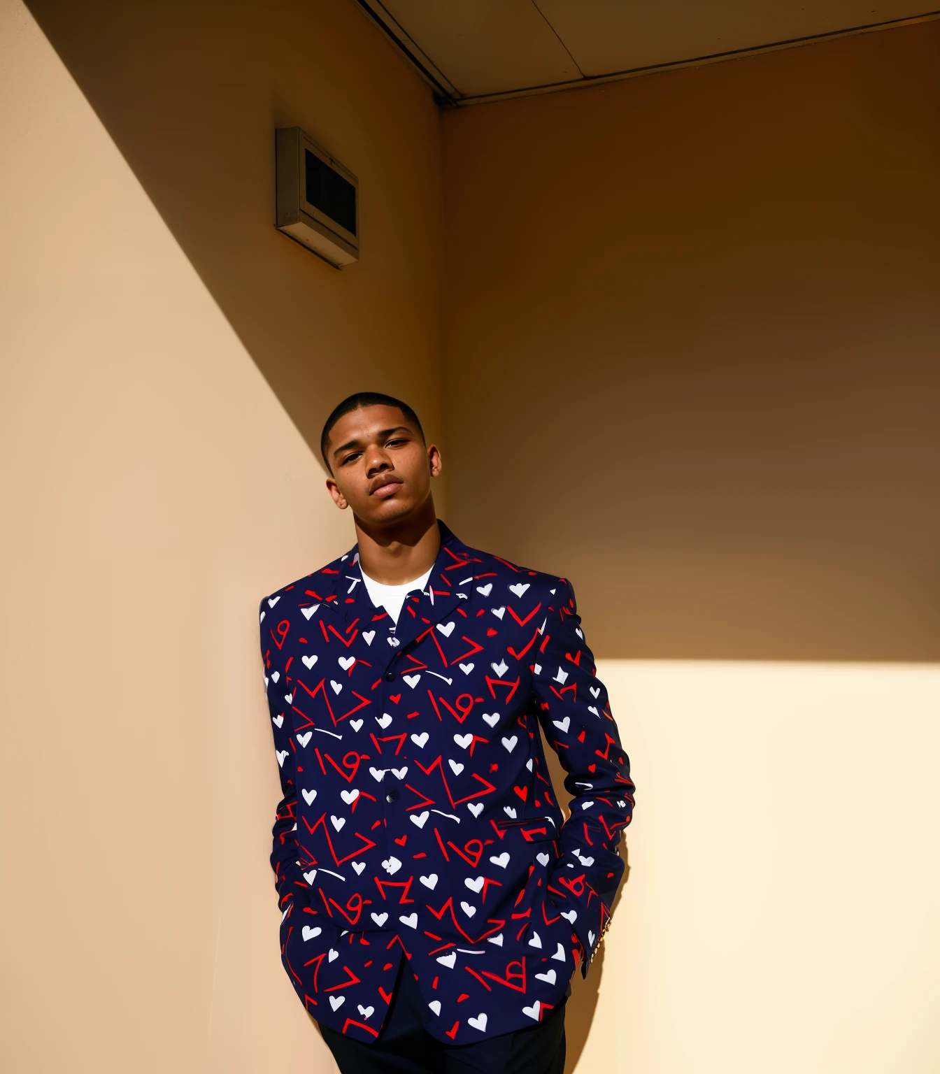 there is a man standing against a wall with a heart pattern on it, photo in style of tyler mitchell, in style of tyler mitchell, edited, riyahd cassiem, profile shot, inspired by Paul Georges, mid shot portrait, inspired by Barthélemy Menn, album art, photo portrait, taken in the early 2020s