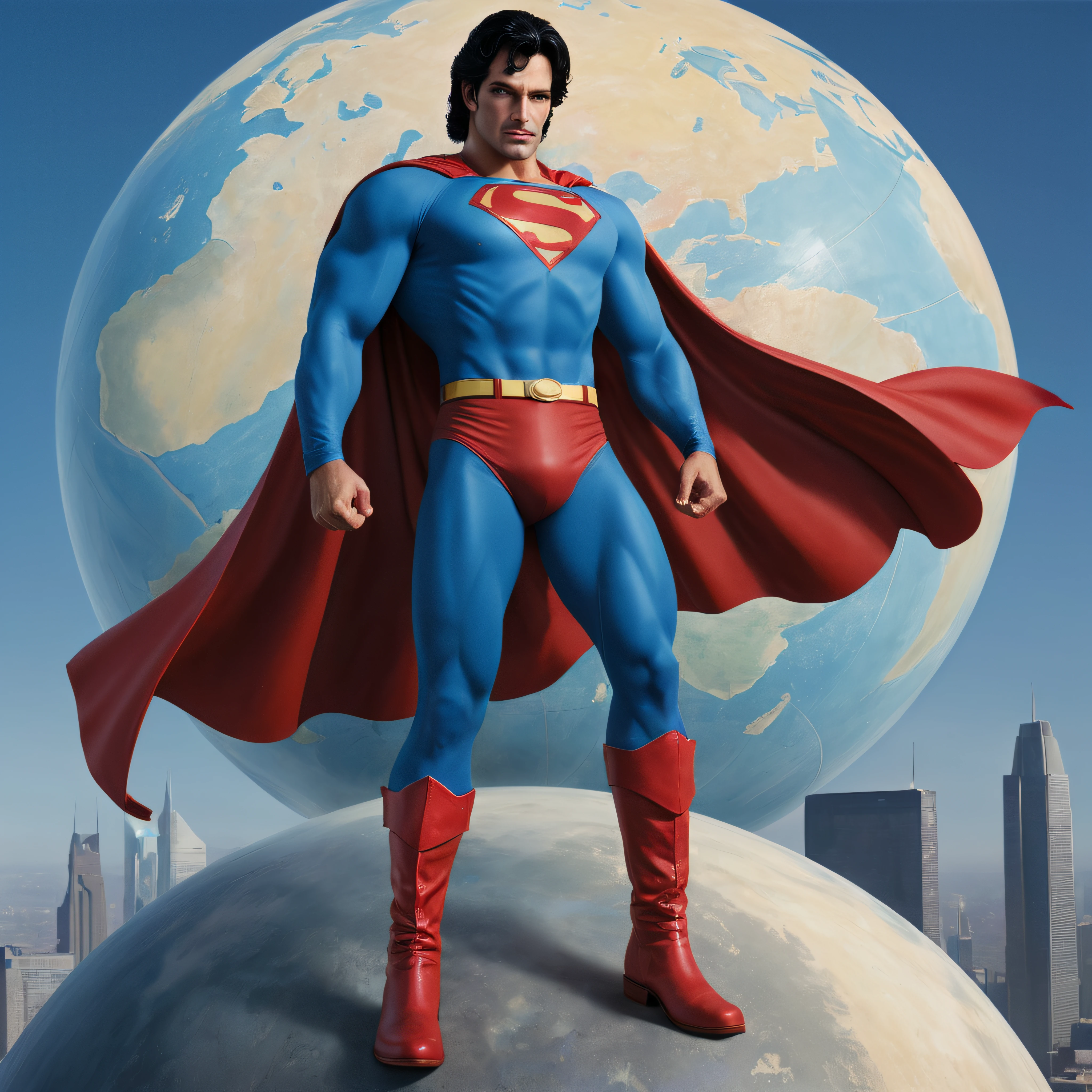 full body portrait, head to toe, Paul Stanley/Elvis Presley/Tom Selleck/Sam Elliot/Henry Cavill/Keanu Reeves/Dolph Lundgren/Tyler Hoechlin/Jon Bernthal hybrid Superman with black hair and bright blue eyes, red boots, standing on top of the Daily Planet Globe, oil painting in the art style of Gilbert Stuart, 32k, UHD, hyper realistic, Photorealistic, sharp, vibrant, extremely colorful, highly detailed, professional quality, beautiful, awesome, majestic, superb, trending on artstation