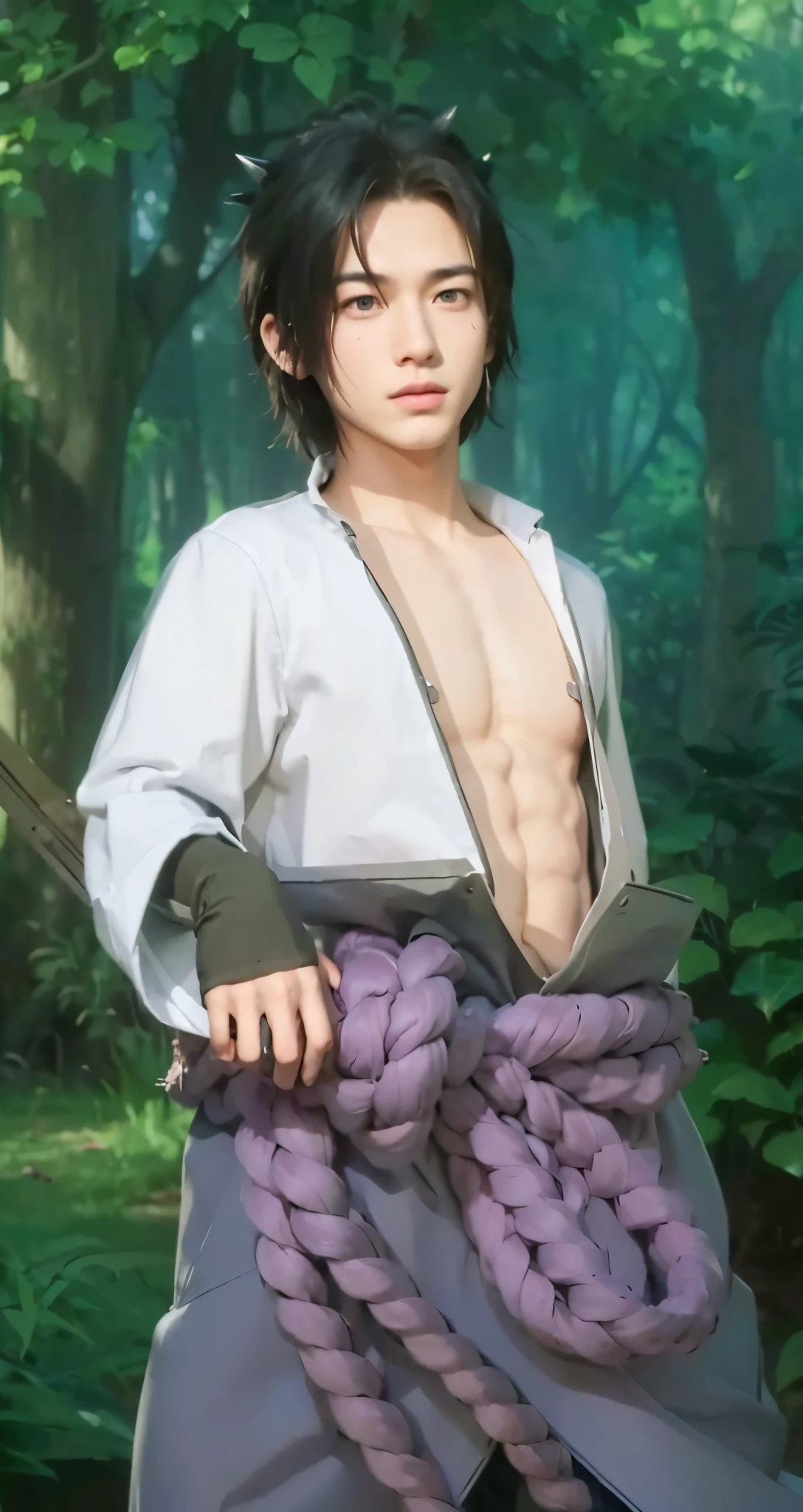 Real life adaption of this character , teen handsome face ,((realistic same spiky hair)),(realistic same outfit), realistic background , realistic light, realistic shadow, realism, hyper realistic,(photorealistic:1.2), normal small eyes,normal hand,there is big purple rope on his waist