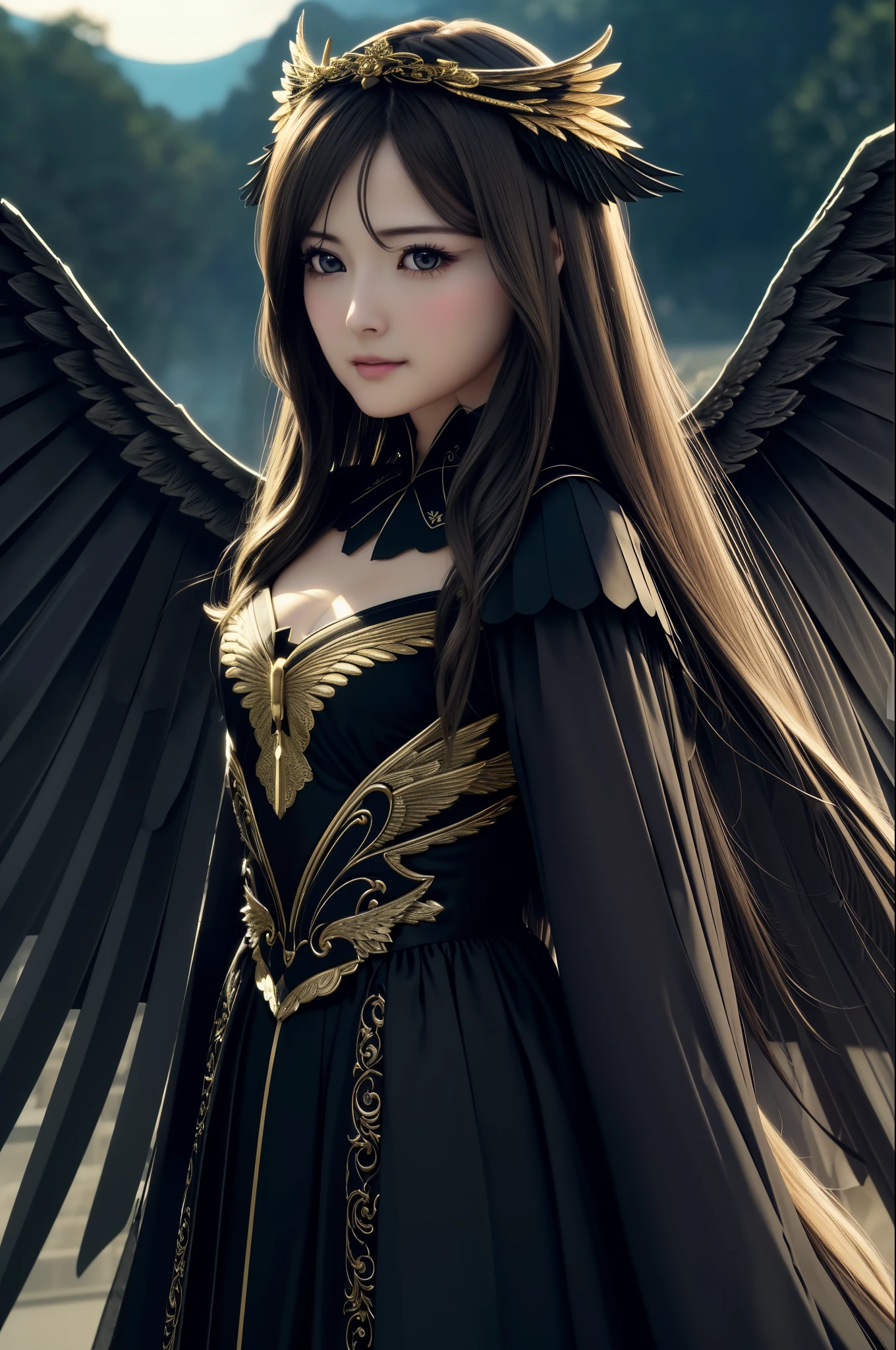 maiyan,(extremely detailed CG unity 8k wallpaper,masterpiece, best quality, ultra-detailed, beautiful detailed eyes:1.2),best illumination,dark night,moonlight,(best shadow, an extremely delicate and beautiful, bloom), ((a dark angel,hair ornamen,dark eyes,long hair,angel wings,black wings)),smirk,oversized wings,(big wings:1.4),dramatic,cinematic,Film filter,