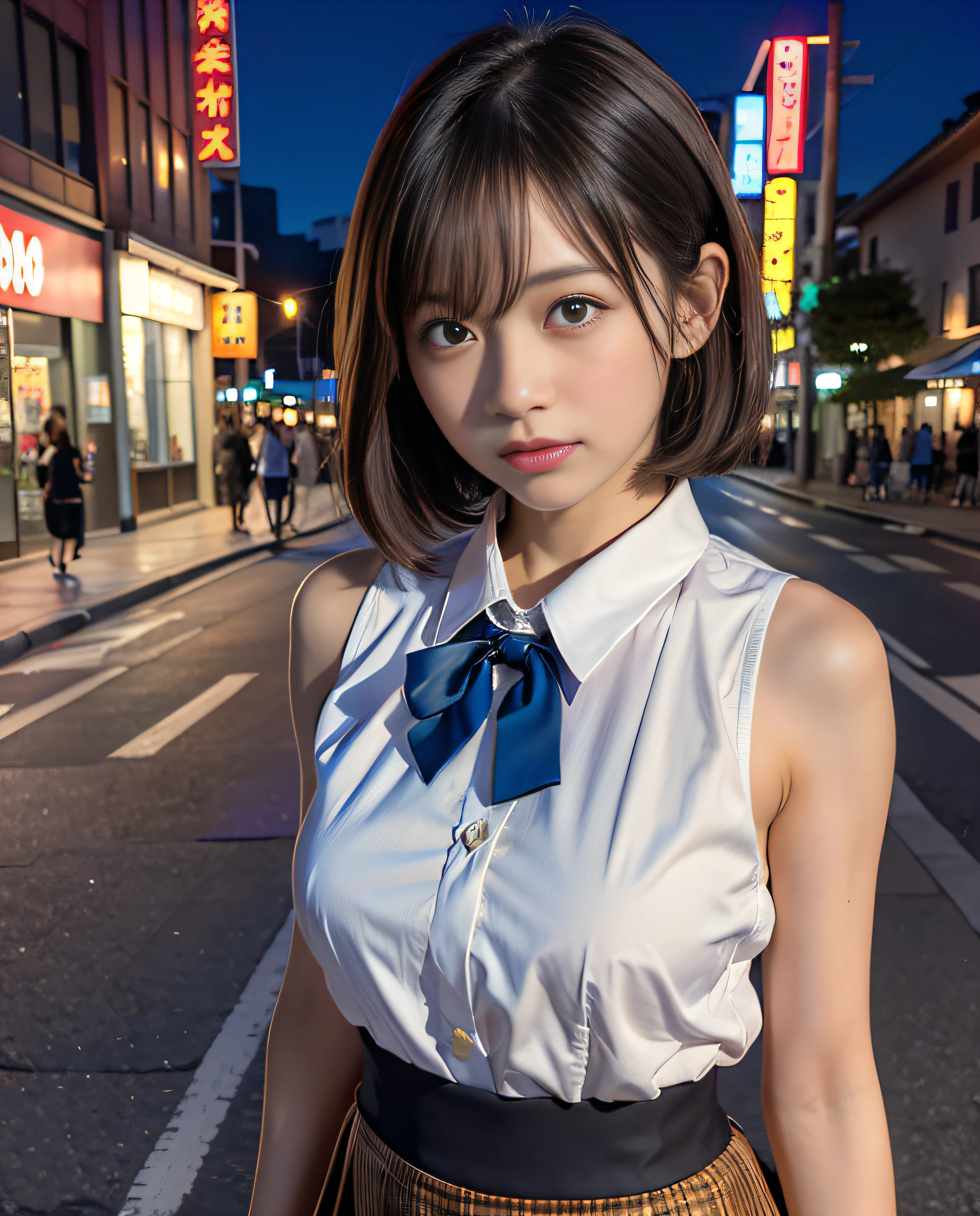 (8k, RAW photo, best quality, masterpiece:1.2), (realistic, photo-realistic:1.37), ultra-detailed,
1 girl,cute, solo,beautiful detailed sky,detailed tokyo street,night,
medium breasts,beautiful detailed eyes,(collared shirt:1.1), bowtie,pleated skirt,(short hair:1.2),floating hair