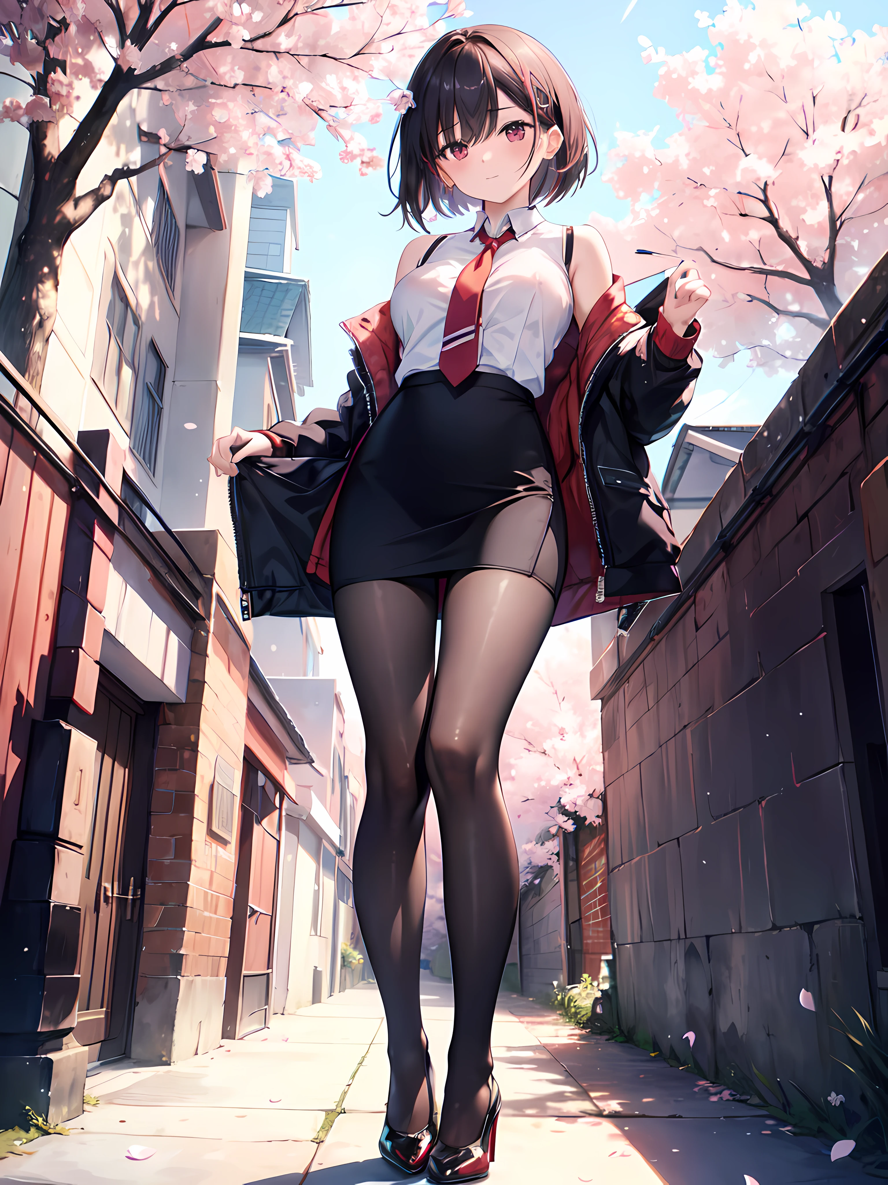 drooping eyes, realistic skin, swollen areolas, wind, Masturbation with hit her crotch on the bollard, various-pattern shirt and and jacket and panties, short hair, pantyhose, pubic-hair, angle from below,