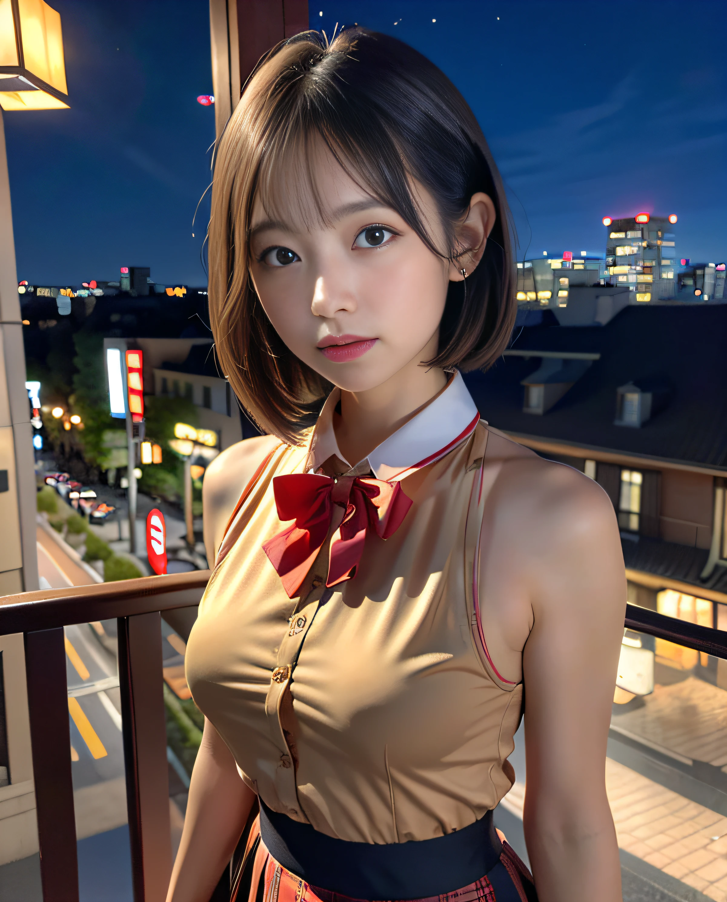 (8k, RAW photo, best quality, masterpiece:1.2), (realistic, photo-realistic:1.37), ultra-detailed,
1 girl,cute, solo,beautiful detailed sky,detailed tokyo street,night,
medium breasts,beautiful detailed eyes,(collared shirt:1.1), bowtie,pleated skirt,(short hair:1.2),floating hair