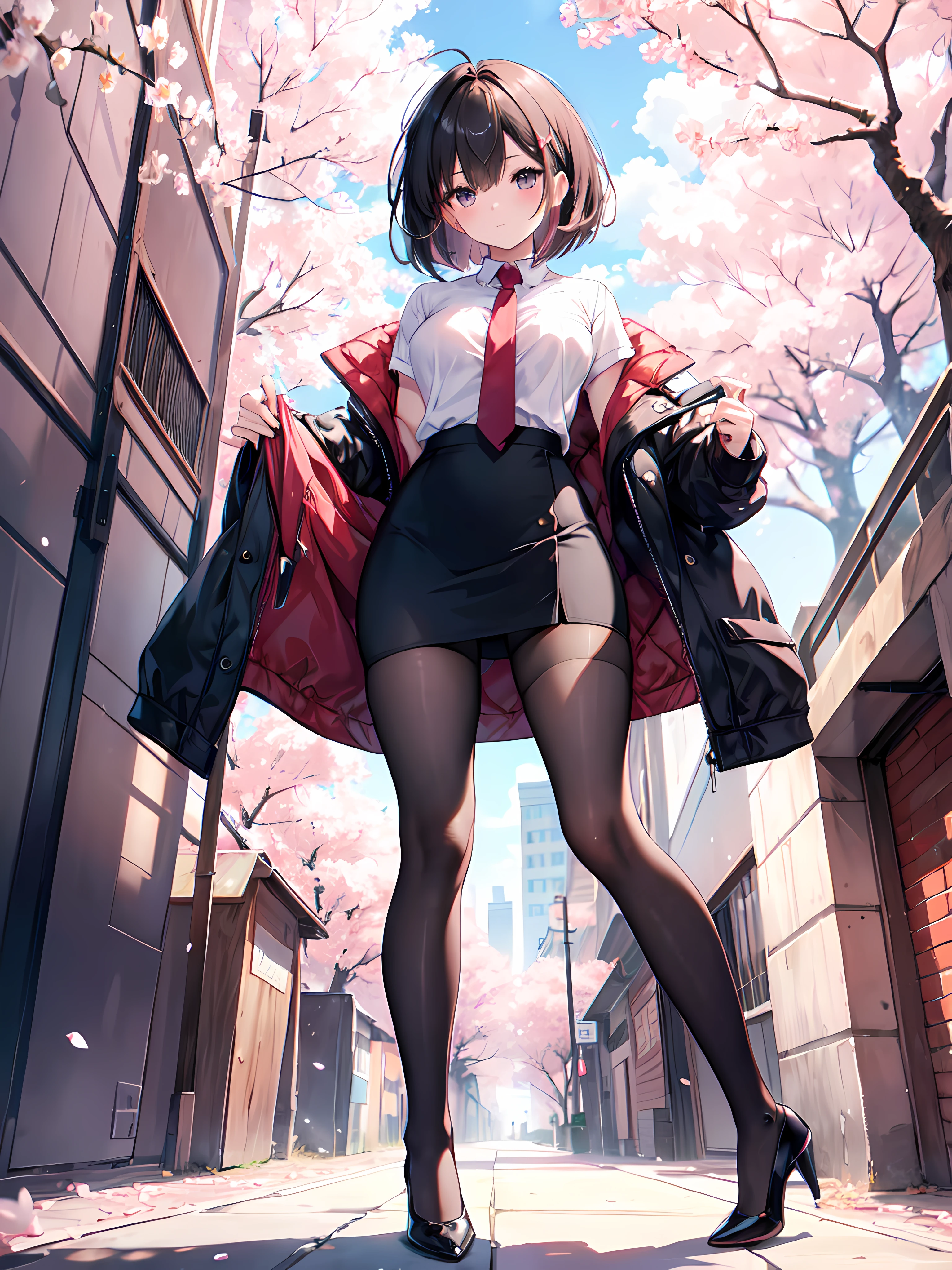 masterpiece, best quality,1girl,young girl, plum_pie eyes, without clothes, , choppy bob,envious _face,shiny skin,medium breasts,nice leg line:1.3,thick thighs, thin waist,school uniform, thighhighs,necktie,((pencil skirt)),red color high heels, pantyhose, , Pathway_lined_with_blooming_cherry_blossom_trees,,looking at viewer,from below,full body, legsupsexms, naked, nipple, nsfw