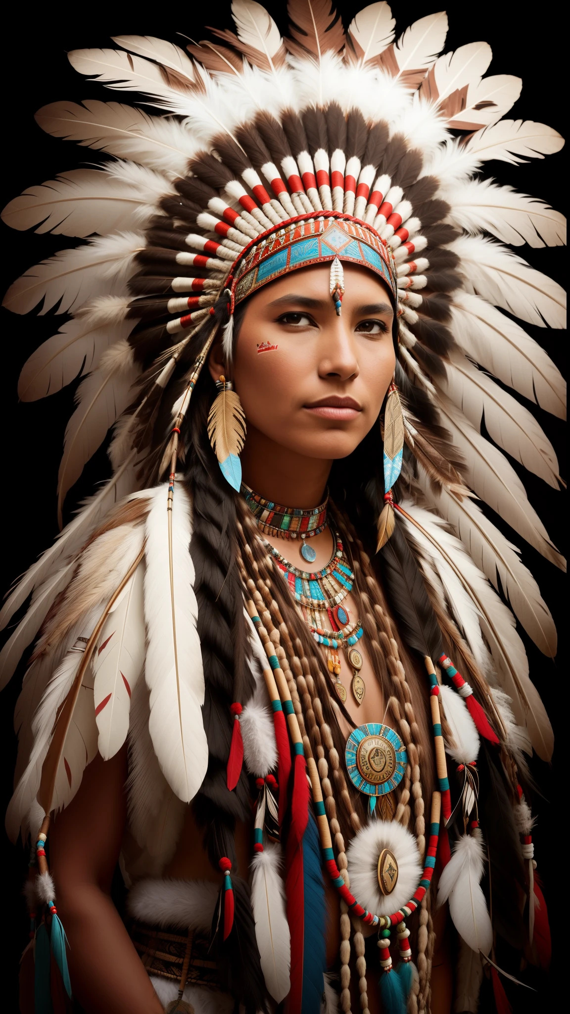 a beautiful Native American woman wearing a feather headdress with a ghostly spirit wolf companion, realisitic, highy detailed