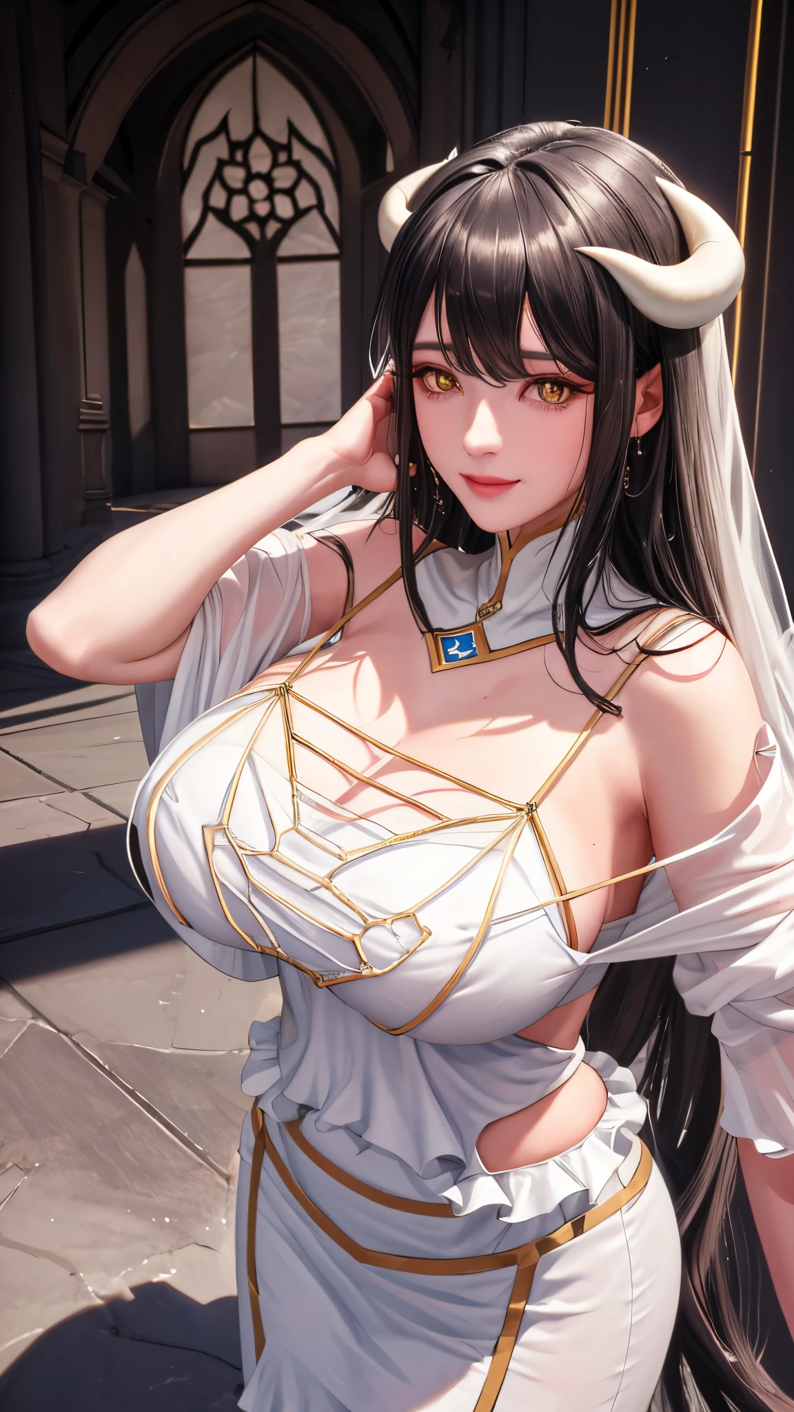 （（（albedo \(the good\), white horns, demonic horns, Pupil of the slit，White dress, long  skirt，Black wings, Feathered wings，black color hair，Golden pupils，Fashionab））），((tmasterpiece)),A high resolution, ((Best quality at best))，tmasterpiece，top-quality，Best quality，（（（ exquisite facial features，looking at viewert,There is light in the eyes，Smilingly，Self-confident ））），（（（Light and shadow interlace，huge boob，Lop，Protruding nipples））），（（（araf asian woman posing, perspired,Wet hair,Place your hands behind your back）））