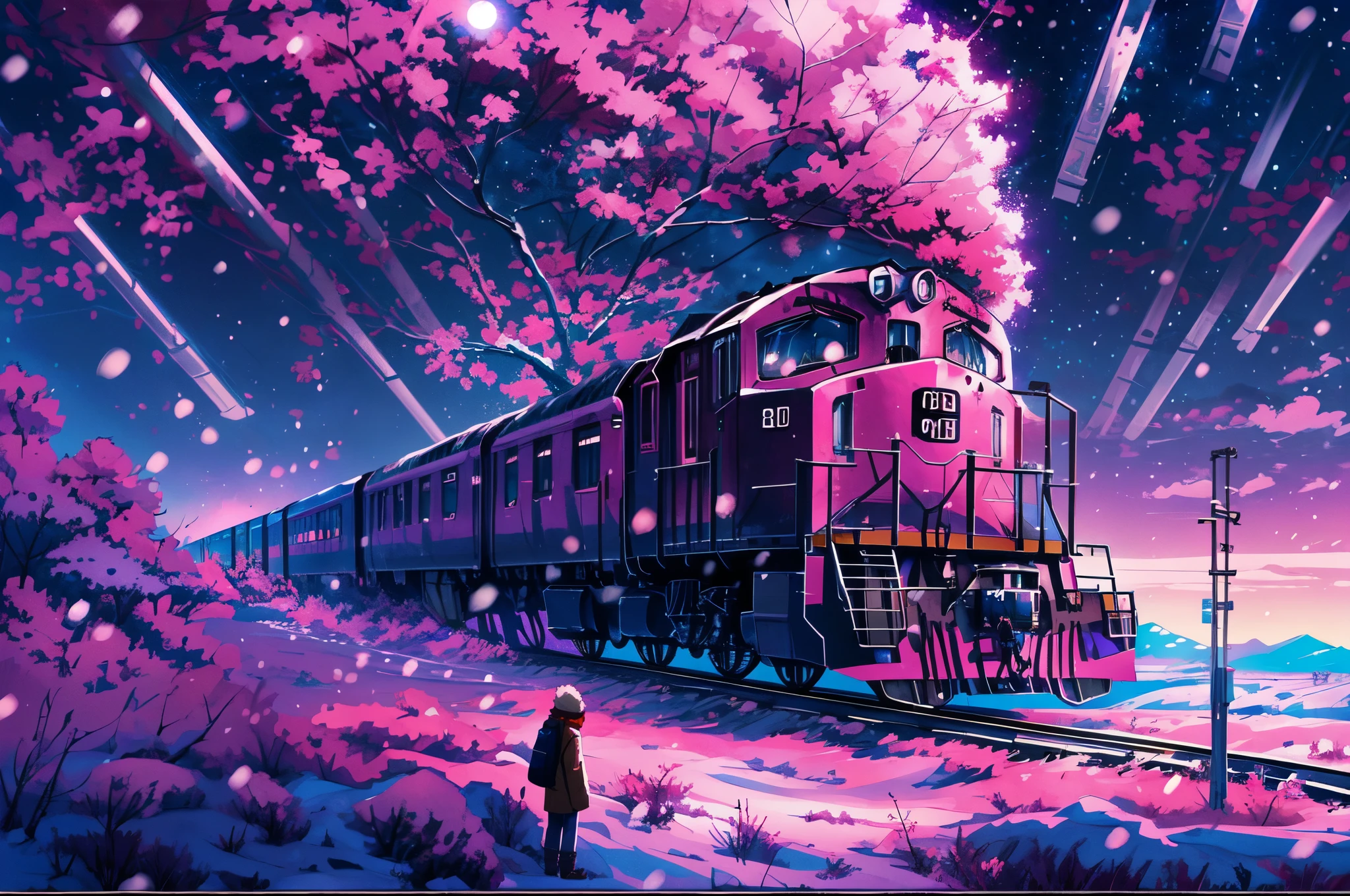 anime scenery of a huge train running on a vast winter plains under a starry night, purple pink sky, half moon, train,winter, snowy,train focus, view from under , anime art wallpaper 4k, anime clouds, makoto shinkai cyril rolando, by sylvain sarrailh, anime art wallpaper 8 k, 4k highly detailed digital art,