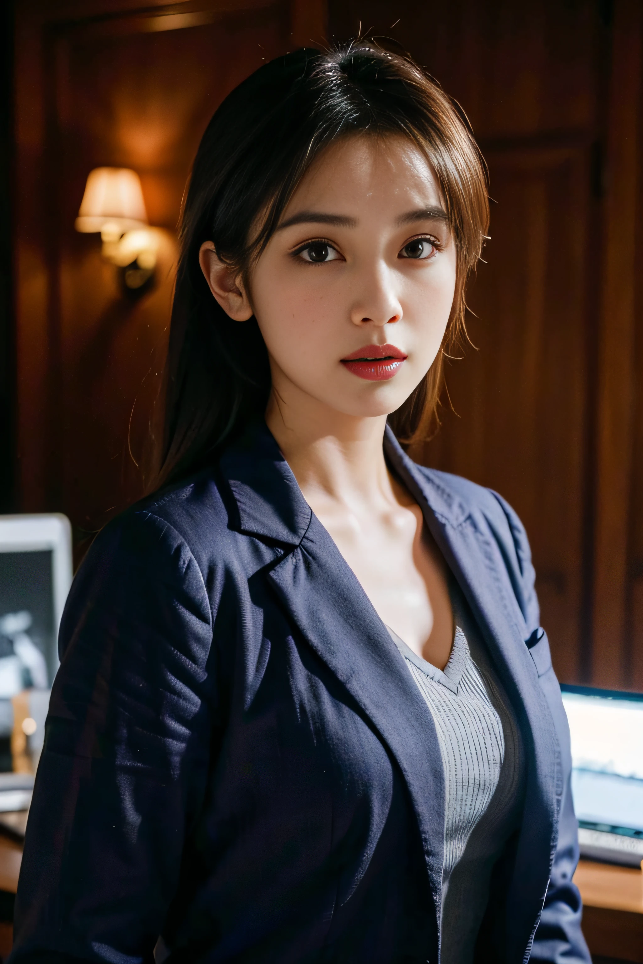 Female doctor,Wear a doctor's uniform,realisticlying,Dynamic Lights,brush-cut,Thin stature,cleavage,full shoot,(extremely detailed CG unified 8k wallpaper),high detal,tack sharp focus,drama,eye bags,eye lashes,Photoreality