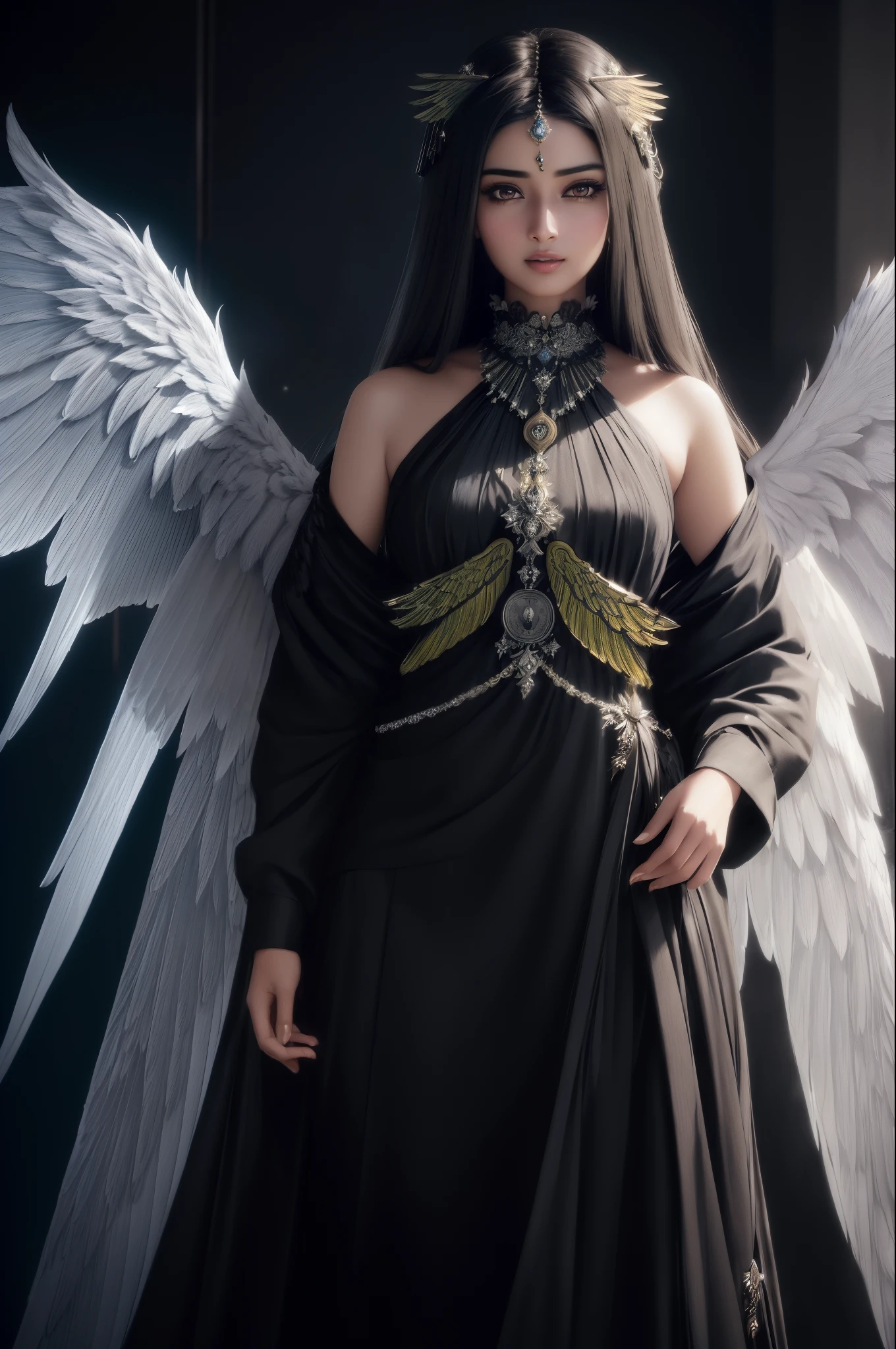 Looks like Amrita Rao, maiyan,(extremely detailed CG unity 8k wallpaper,masterpiece, best quality, ultra-detailed, beautiful detailed eyes:1.2),best illumination,dark night,moonlight,(best shadow, an extremely delicate and beautiful, bloom), ((a dark angel,hair ornamen,dark eyes,long hair,angel wings,black wings)),smirk,oversized wings,(big wings:1.4),dramatic,cinematic,Film filter,