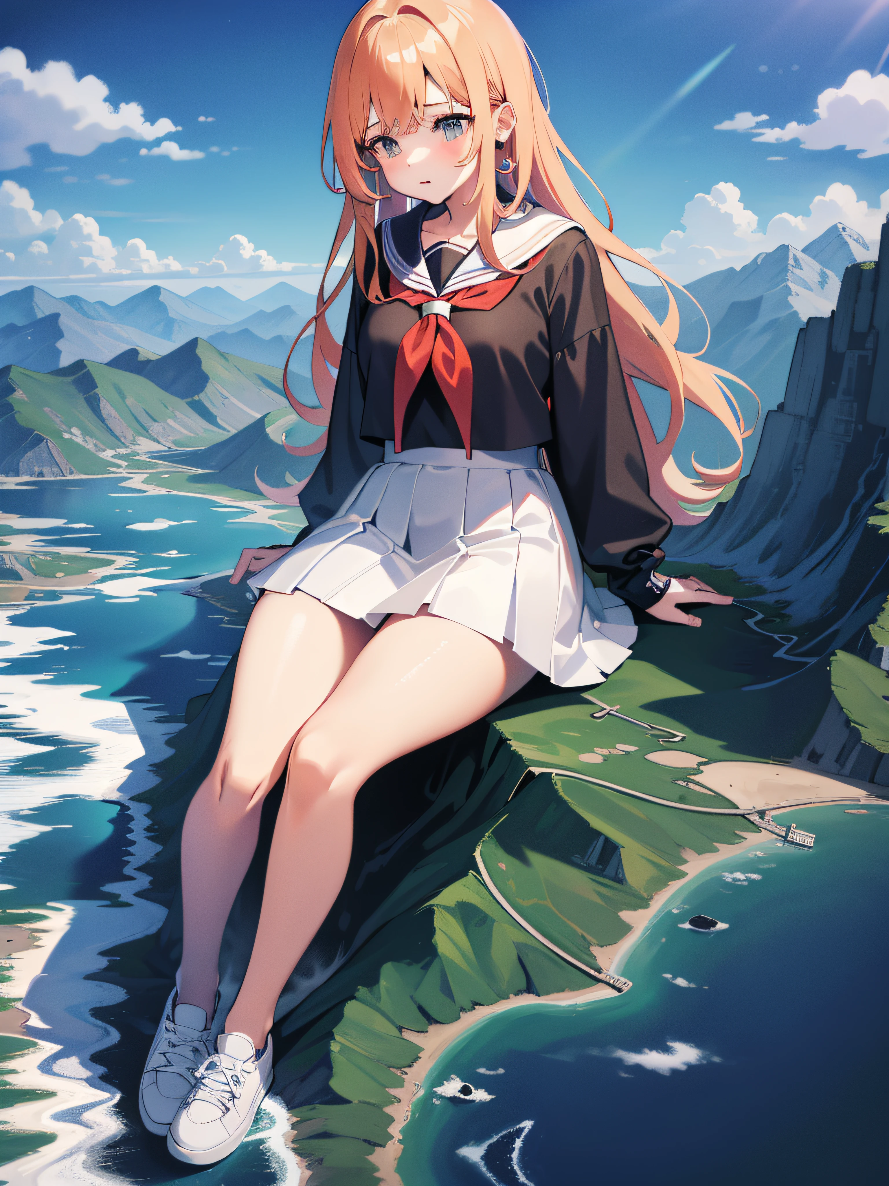 A giantess,Girl with a height of 1000 meters,1 female high school student,modern miniature city,Modern miniature city between hips,sitting on a miniature city,White sneakers,giantess,Shoe details,girl wearing shoes,Superskirt,a sailor suit,the giantess taller than the mountains,cute girly,Small city
