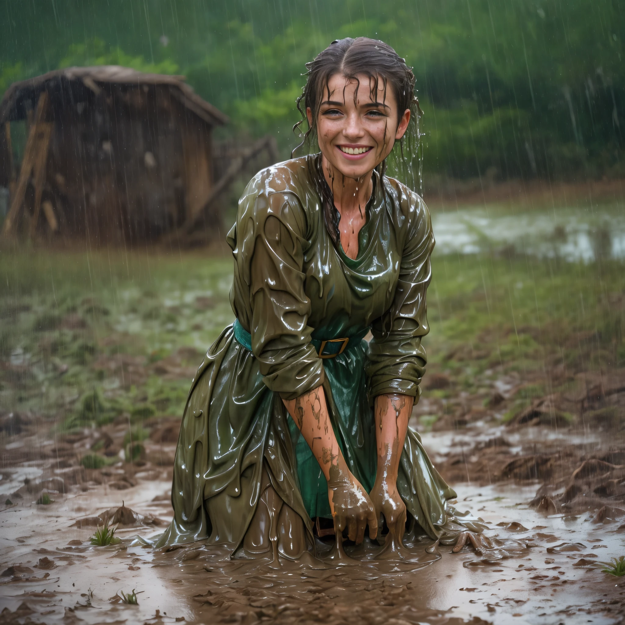 (masterpiece, best quality:1.2), cowboy shot, solo, 1girl, 27 yo peasant woman, smile, looking at viewer, peasant dress, capelet, belt, wet clothes, soaked, dripping wet, wet hair, wet skin, translucent, glistening with oil, fully clothed, wet muddy field, dripping with mud, muddy arms, muddy hair