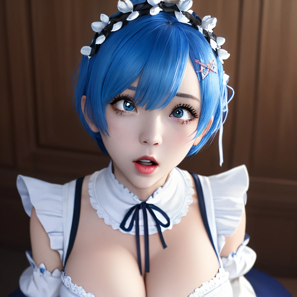 highres, sharp focus, pixiv masterpiece, ((intricate details)), highly detailed, upper body, 1girl, rem_re_zero, blue hair, short hair, maid uniform, hair ornament, cleavage, maid headdress, detached sleeves, ribbon,