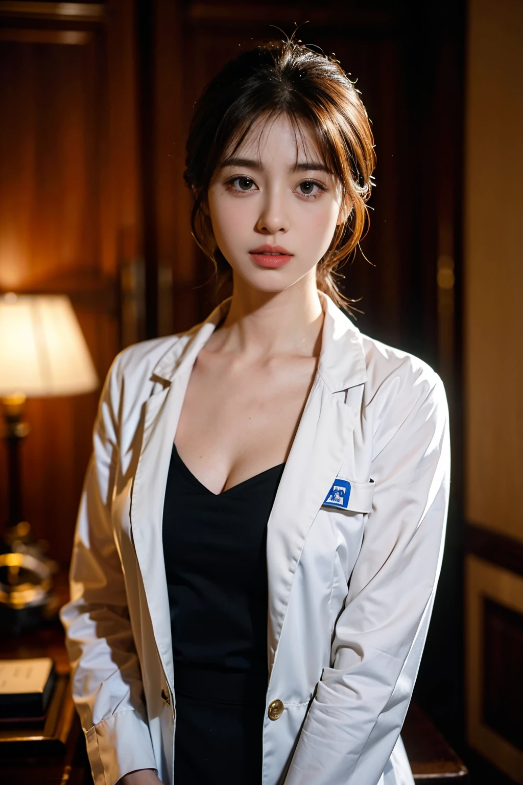 Female doctor,Wear a doctor's uniform,realisticlying,Dynamic Lights,brush-cut,Thin stature,cleavage,full shoot,(extremely detailed CG unified 8k wallpaper),high detal,tack sharp focus,Drama,eye bags,Eye lashes,Photoreality