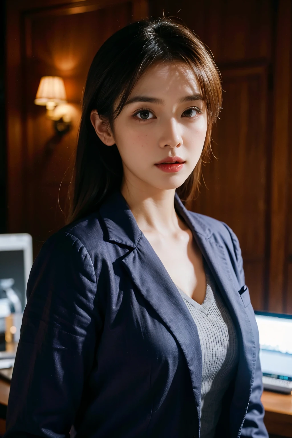 Female doctor,Wear a doctor's uniform,realisticlying,Dynamic Lights,brush-cut,Thin stature,cleavage,full shoot,(extremely detailed CG unified 8k wallpaper),high detal,tack sharp focus,drama,eye bags,eye lashes,Photoreality