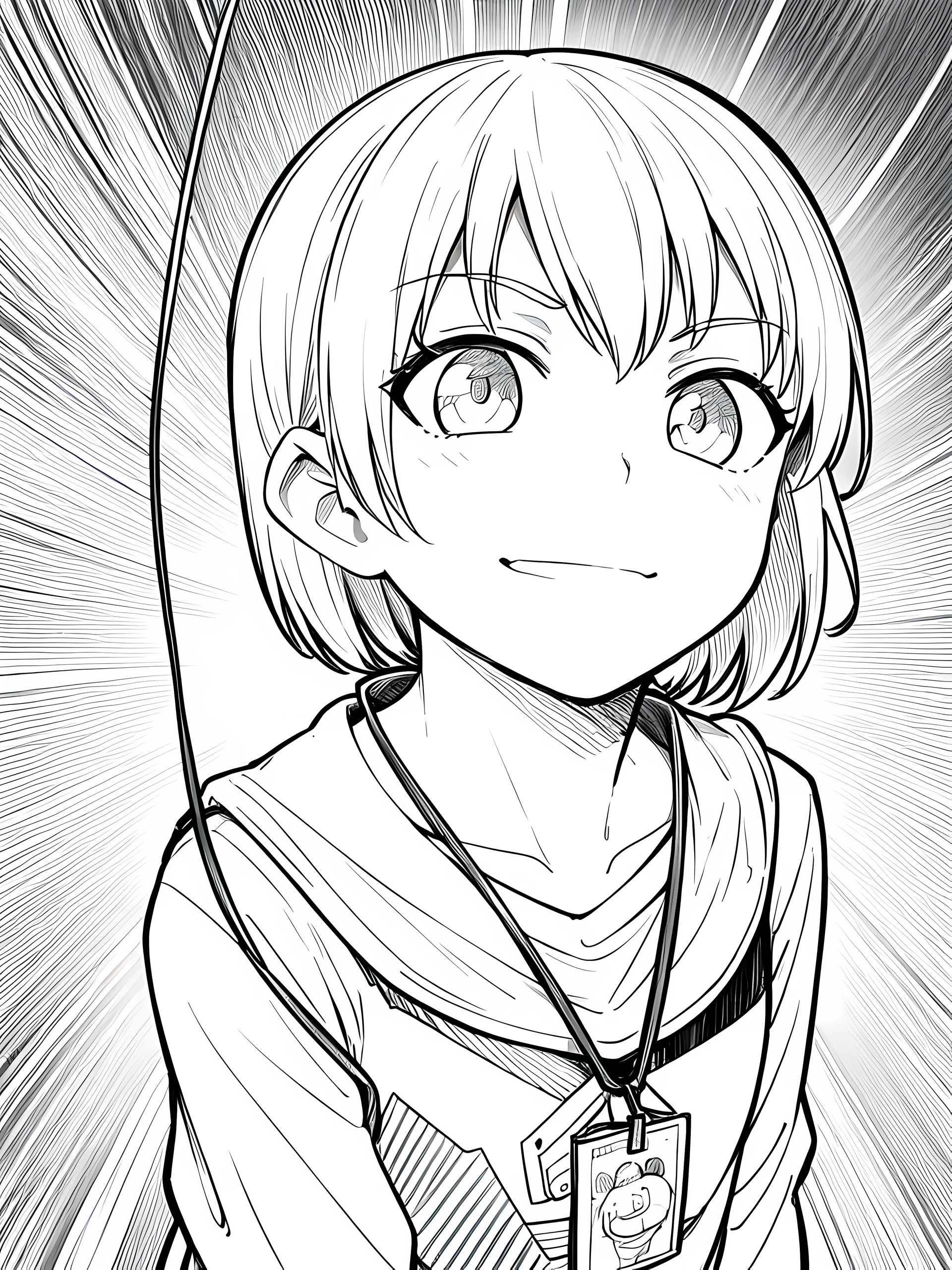 man, male, age 18, solo, face, close up, looking front, body facing front, facing camera, serious eyes, calming face, slightly smile mouth, speaking mouth, wearing polo, wearing ID sling, wearing lanyard, lineart, manga, manga art, comic, black and white art, monochrome, room background