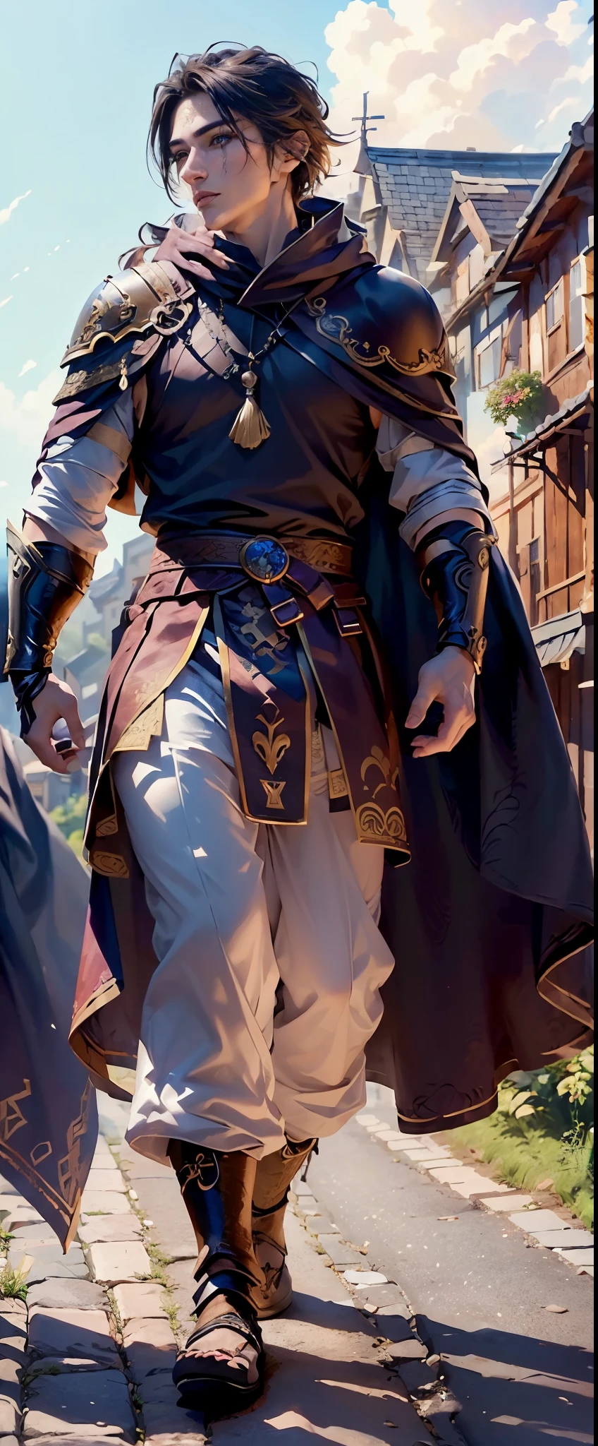(generate a handsome male warrior, walking down village road, villagers background, tree behind, wearing warrior armor, (luxury cloak), beautifull sky, beautifull scene, detail village houses, detail road, beautifull face, handsome face, beautifull eyes, beautifull nose, raytracing, beautifull fingers, beautifull hands, (4 fingers in 1 hand),closed up photoshoot, pretty makeup, perfect anatomy, good lighting, professional photoshoot, sharp eye, fresh lips