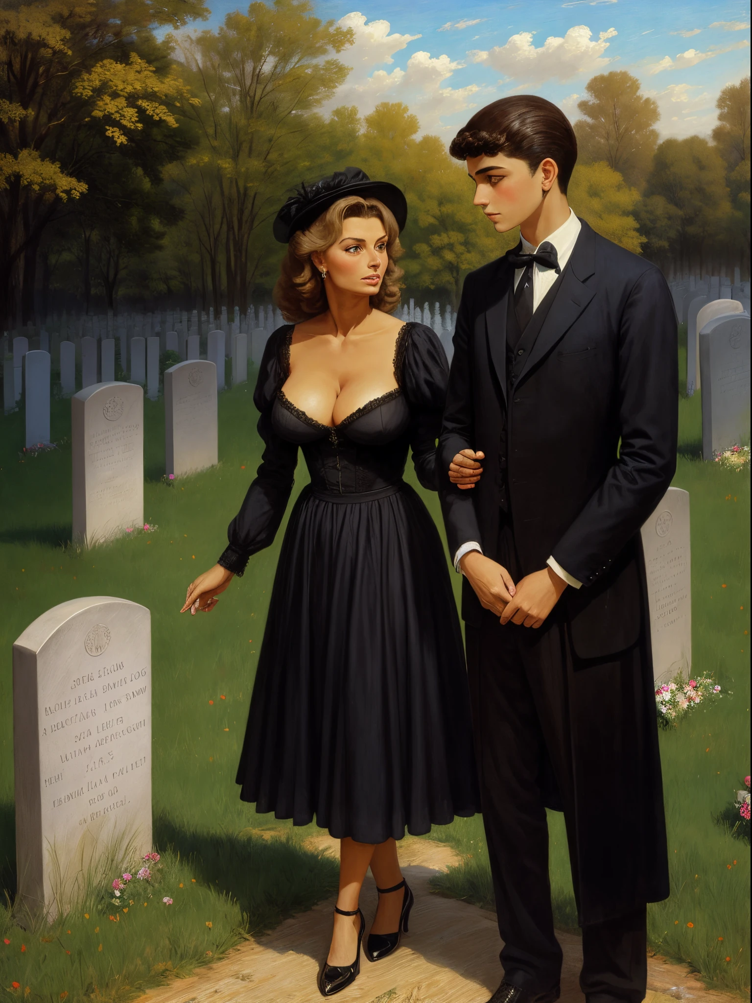 Sophia Loren as A buxom,  60 years old widow wearing a black dress and a  age boy stand together at a grave in a cemetery , painting by Adolphe Menzel