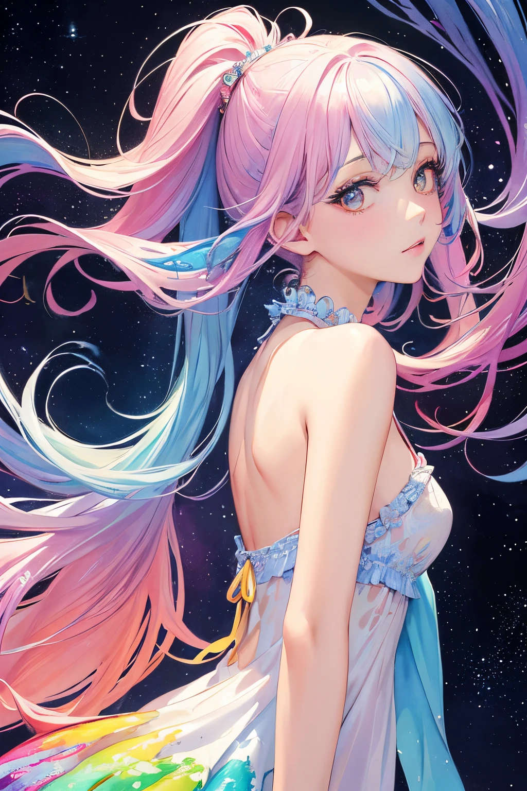 (masterpiece, top quality, best quality,watercolor (medium),official art, beautiful and aesthetic:1.2),(1girl:1.3), (fractal art:1.3),upper body, from side, looking at viewer,patterns,(rainbow color Hair,colorful hair,half blue and half pink hair:1.2),water,liquid, cloud,colorful, starry,stars,