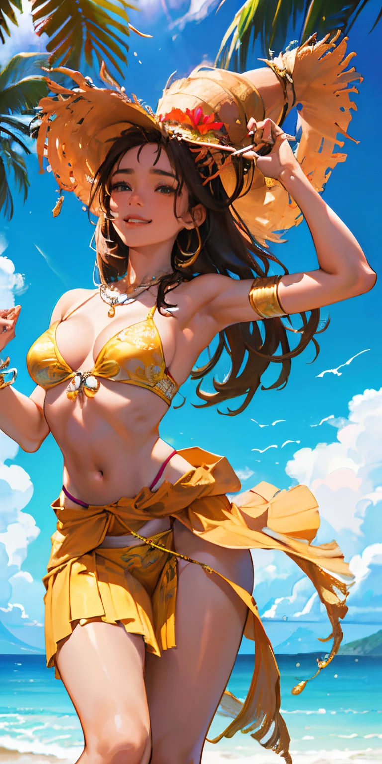 16 year old girl with a realistic smile、Sit with your back to the chair、wearing a big bikini on the butt、(Super close-up looking up from below、Smile、facing back、Super close-up shot of the butt.、Slightly thicker emphasis on the thighs、She is wearing a micro bikini with a floral pattern on her chest.....................、Emphasis on cleavage、sexy brown skin tone、Tahitian dancer、dance tahitian dance、pareo(wear a skirt around the waist)、seashell necklace around neck、hibiscus ornament in hair、Sexy Posing、Tropical Beach