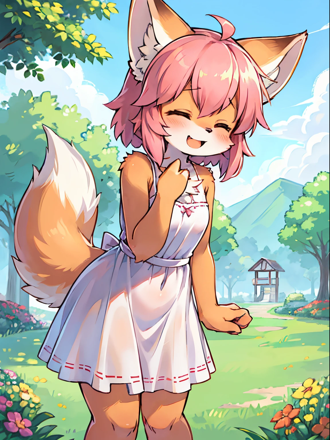 kemono, female, solo, fox ears, Medium sized fox ears, pink fox ears, fox tail, big fox tail, fluffy fox tail, (pink fox tail), pink fox human body, white sundress, Laugh cheerfully, Closed eyes, happy face, cheerful laugh, lawn, Standing like an anime,