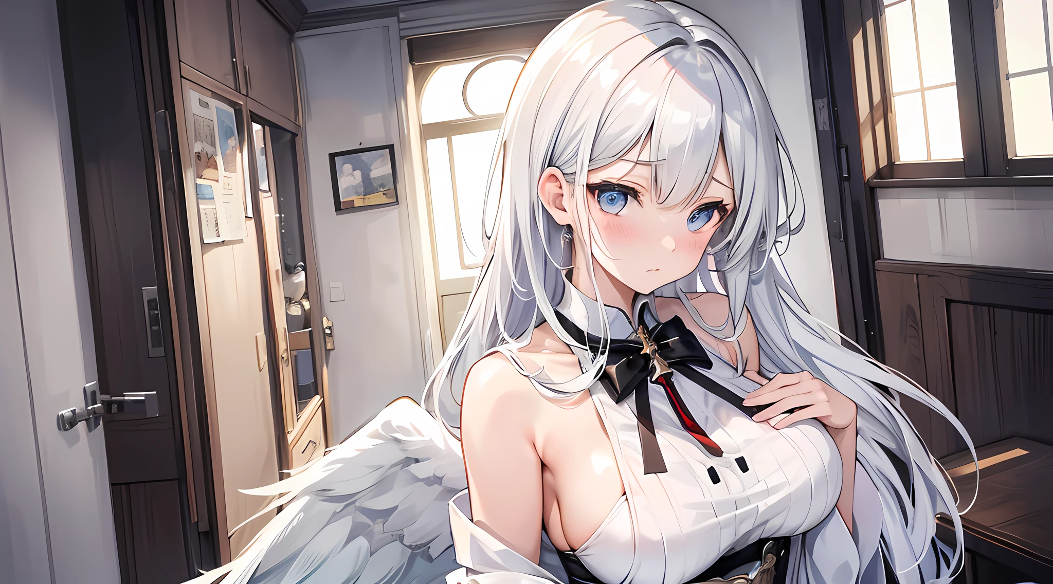 a woman, (white hair, detailed hair, beautiful eyes finely detailed), pixiv contest winner, serial art, top rated on pixiv, angel wings, big breast, side boobs, wearing white angel cloth, her face is blushing, embarassed, seductive expression, naughty woman expression, azurlane style, standing, middle  style bedroom, (half body:0.6), half body close up illustration