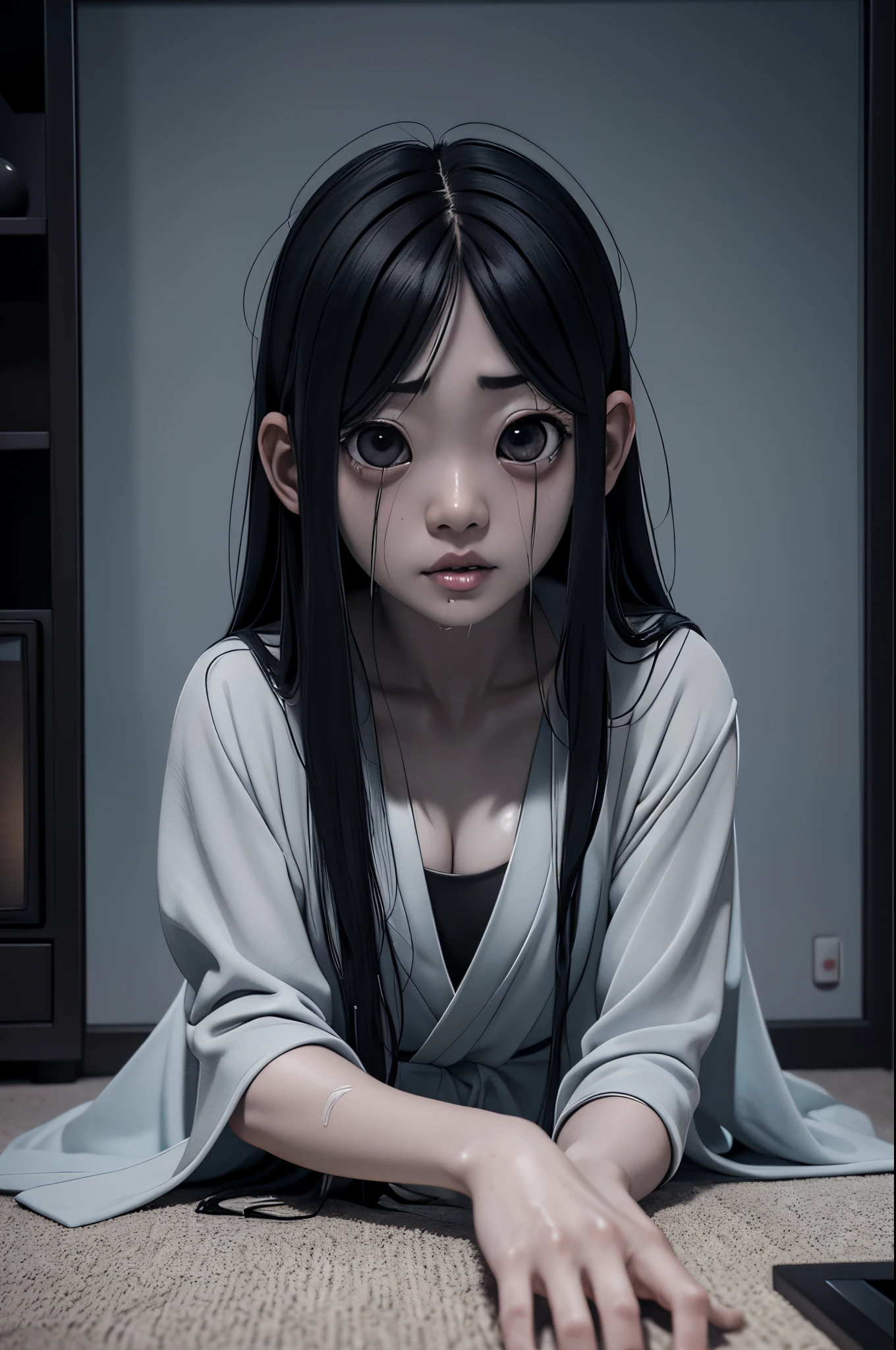 Sadako, soaking, wet robe, gray colored skin, Hair covers the face, sexy for.Sadako crawled out of the TV，A woman lying on the floor in front of the TV, japanese horror, style of hajime isayama, japanese horror movie footage, Junji Ito 4K, japanese pop surrealism