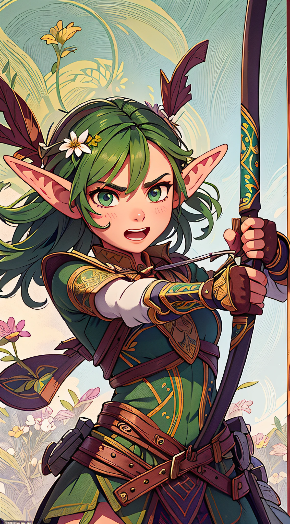 a young elf woman mid-leap, zoom on her armpit, she has short green hair adorned with tiny flowers, she wears intricately crafted armor with delicate leaf patterns, she holds a polished wooden bow with etched runes, her eyes blaze with anger and determination.