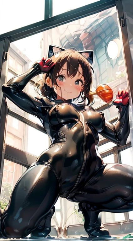 super cute, innocent, super extra gigantic huge breast,(squatting, spread her legs open ), (grabbing her underboob herself), perfect body, wedgie of the string bra, full of delight, smiling full of compassion, blushed. incoming kiss, fish kiss, half closed eye, half opened mouth, (wearing catsuit with multiple holes and window, wet, transparent:1.6), ((from below view:1.5)), (dripping syrup:1.5), (full body shot)