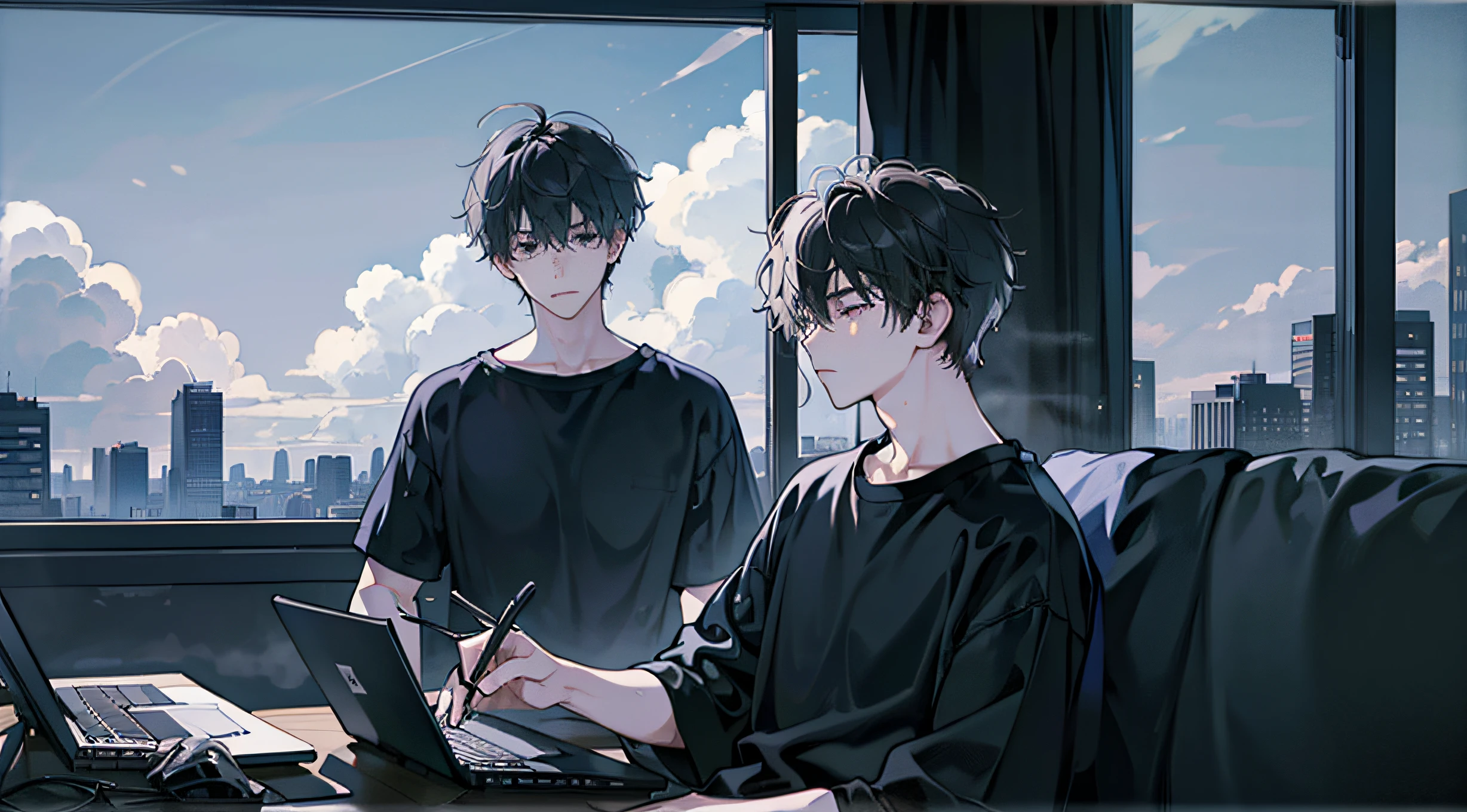 1 boy messy hair, wearing oversized black t-shirt ,working on laptop ,desk ,looking outside the window ,clouds,, high res, ultrasharp, 8K, sad , headphones ,lo-fi