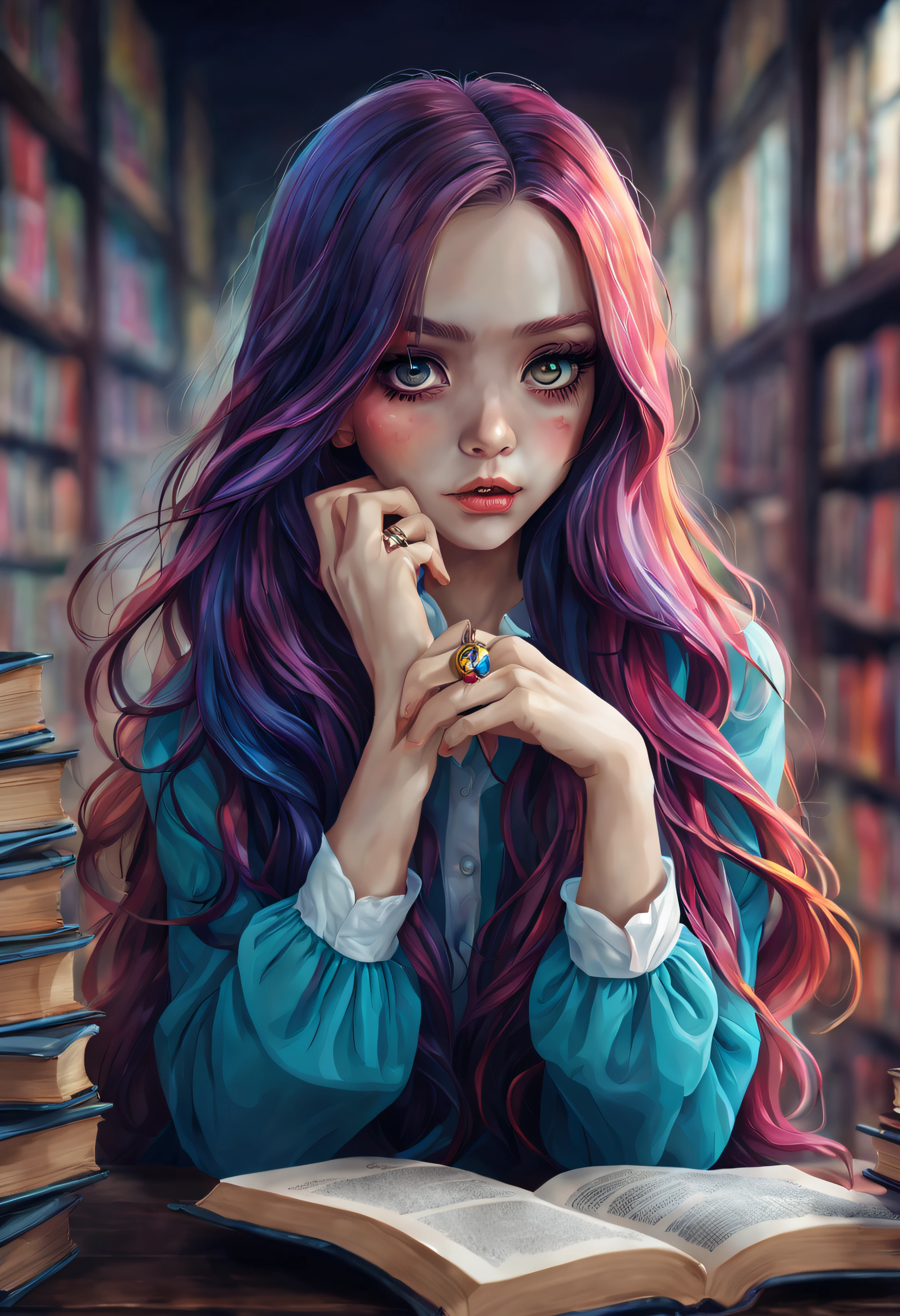 A girl who knows everything about this world、8 perspectives、Fine Art、Spooky、Library Background、beautidful eyes、Beautiful posture、beautiful colored long hair、Depth of subject、detail portrayal、masutepiece、(flat-colors:1.3)、(colourfull:1.8)、(Ring:1.2)