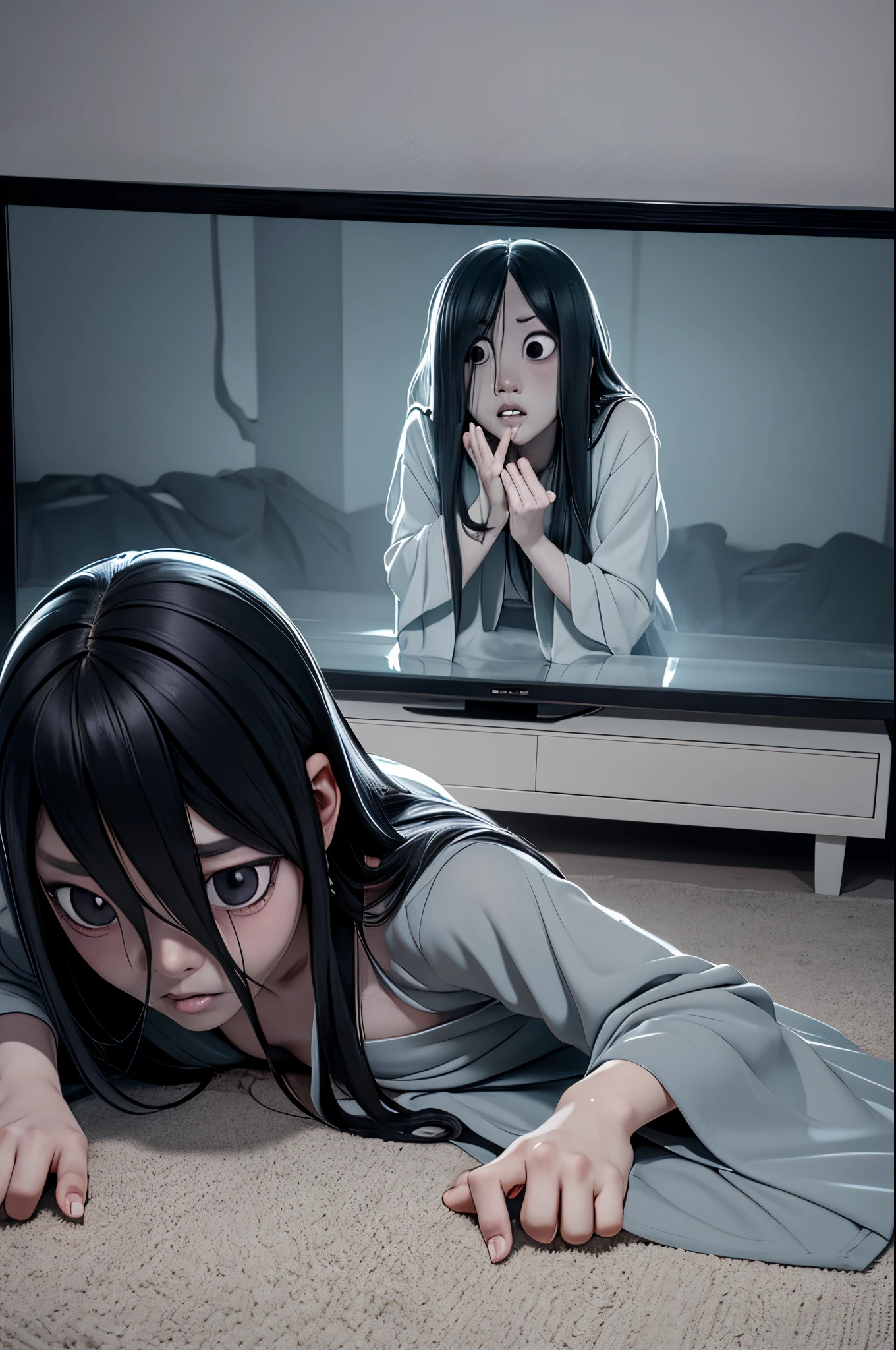 Sadako, soaking, wet robe, gray colored skin, Hair covers the face, sexy for.Sadako crawled out of the TV，A woman lying on the floor in front of the TV, japanese horror, style of hajime isayama, japanese horror movie footage, Junji Ito 4K, japanese pop surrealism