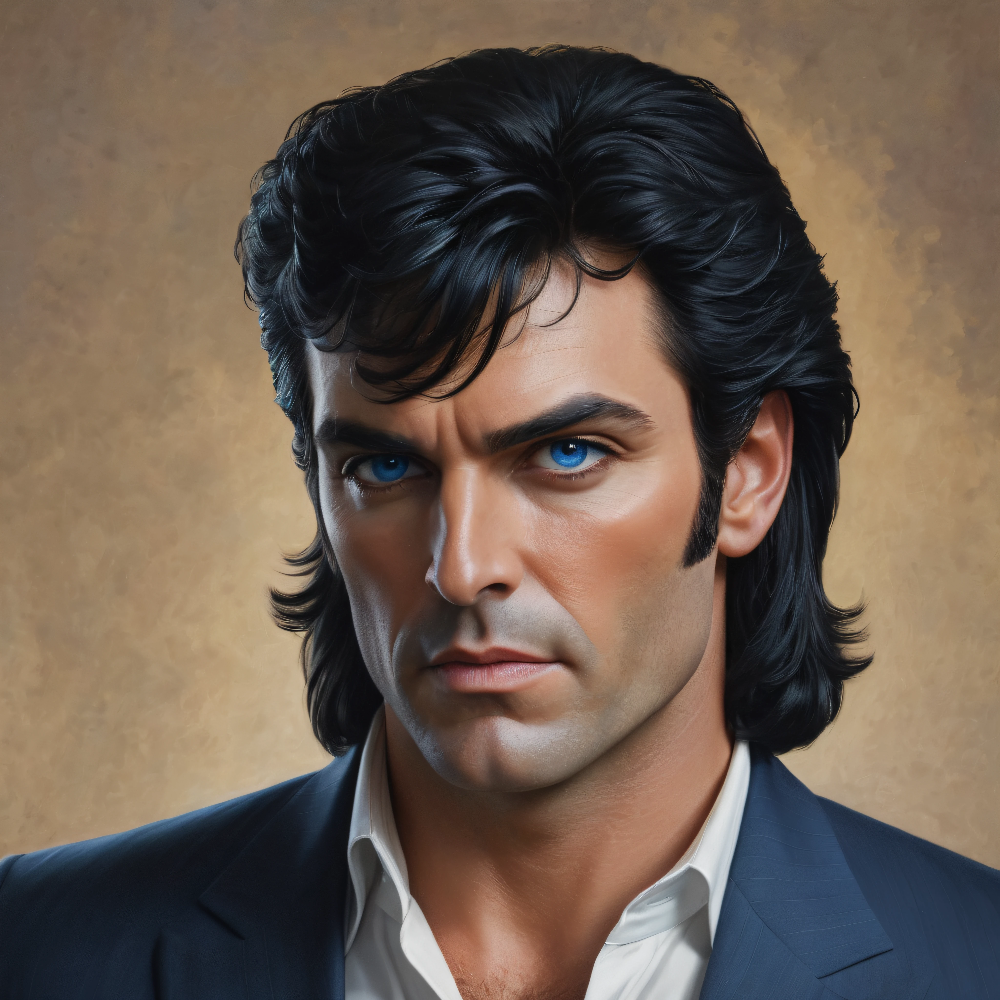 full body portrait, head to toe, Paul Stanley/Elvis Presley/Tom Selleck/Sam Elliot/Henry Cavill/Keanu Reeves/Dolph Lundgren/Tyler Hoechlin/Jon Bernthal hybrid Batman with black hair and bright blue eyes, oil painting in the art style of Gilbert Stuart, 32k, UHD, hyper realistic, Photorealistic, sharp, vibrant, extremely colorful, highly detailed, professional quality, beautiful, awesome, majestic, superb, trending on artstation