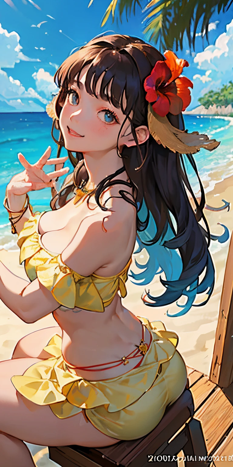 16 year old girl with a realistic smile、Breasts a little bigger(Sit with your back to the chair)、wearing a big bikini on the butt、(Super close-up looking up from below、Smile、facing back、Super close-up shot of the butt.、Slightly thicker emphasis on the thighs、She is wearing a micro bikini with a floral pattern on her chest.........................、Emphasis on cleavage、sexy brown skin tone、Tahitian dancer、dance tahitian dance、pareo(wear a skirt around the waist)、seashell necklace around neck、hibiscus ornament in hair、Sexy Posing、Tropical Beach