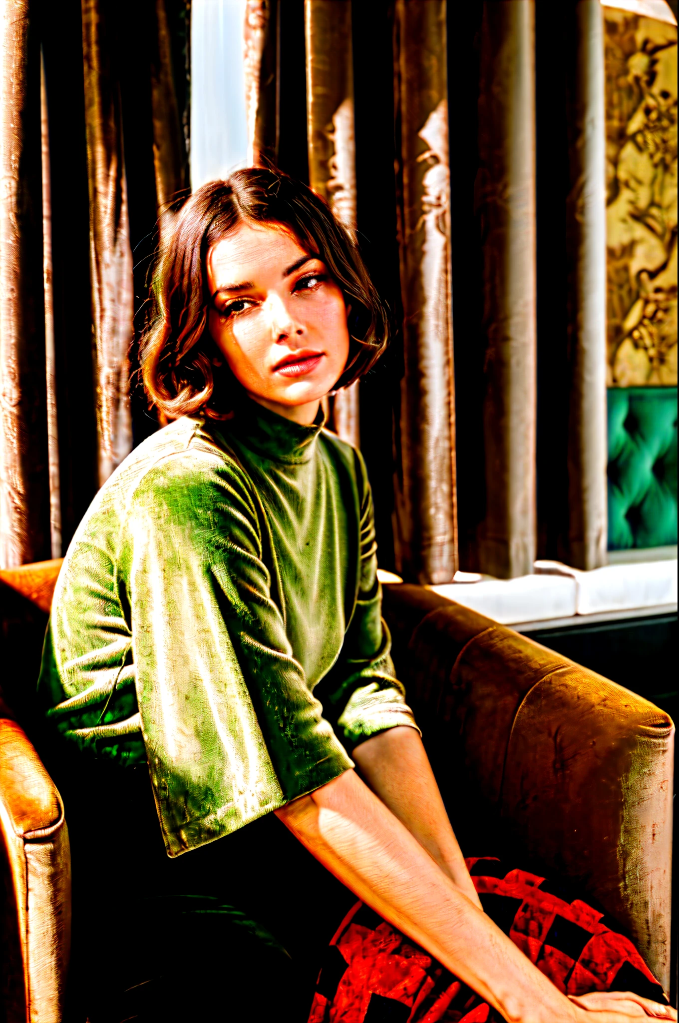 photographic style
woman with French bob haircut, red silk fan on her face revealing only one eye, 1940s American art deco style, sitting on a brown velvet armchair, aged black and white checkered majolica floor, wallpaper on the walls beige wallpaper with abstract stylized black designs, faded green velvet curtains, high window from which the light enters and hits the woman's face, on the left a crouching panther, near a wet bar with many glass containers