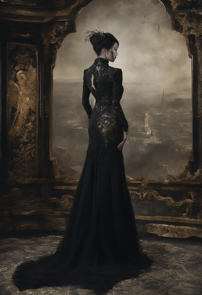 and gold tones、Vibrant colors、((​masterpiece)))、(((top-quality)))、((ultra-detailliert))、(A hyper-realistic)、(highly detailed CGillustration）、Official art、magic city shanghai、Decadent、Madame Papillon、matchless beauty、Fans、Gorgeous cheongsam、jewely、Perfect Angle、perfect-composition。full body Esbian