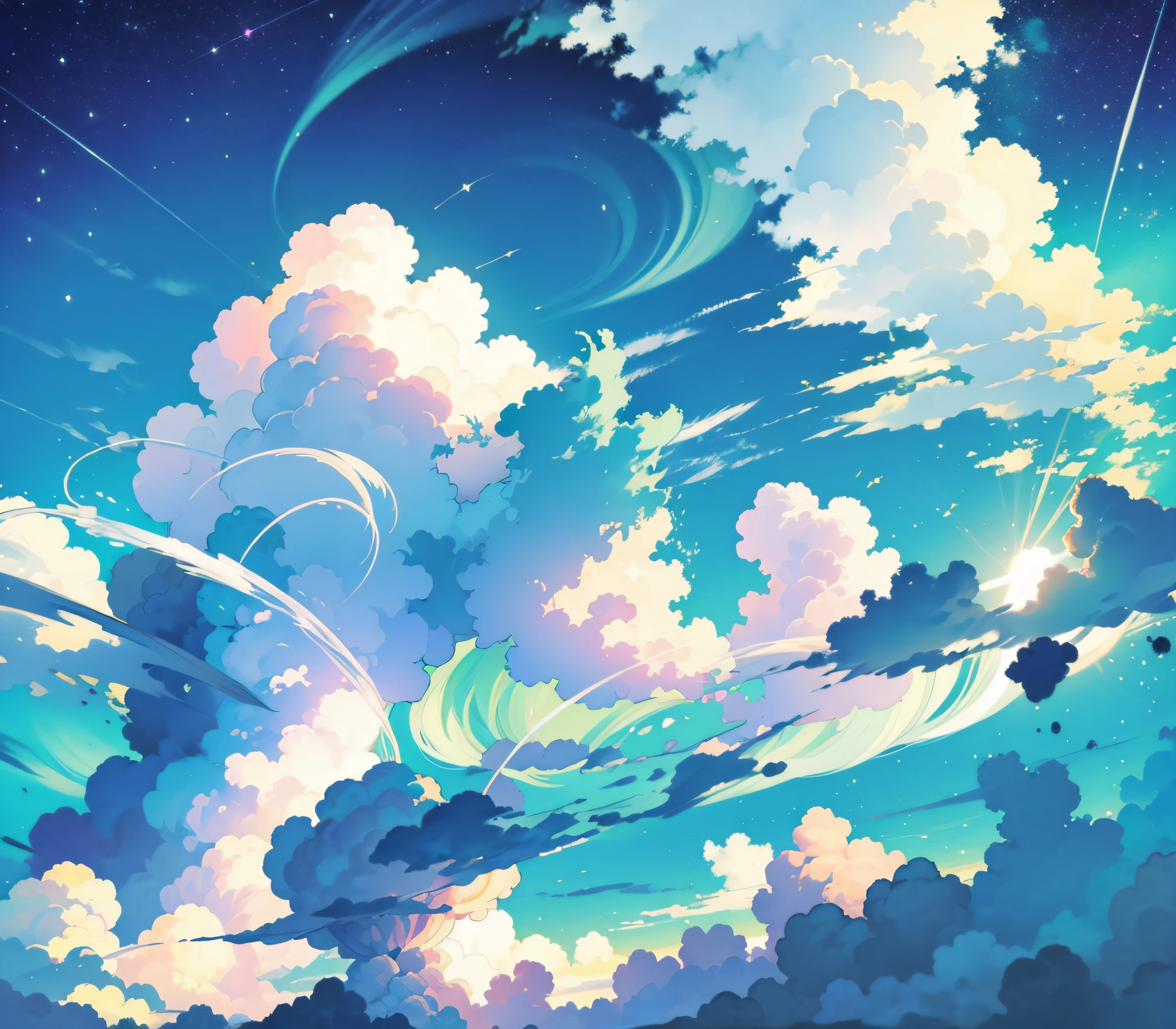 Sky without buildings no humans no animals pure sky sea of clouds aurora aurora hues aurora colors cartoon fantasy art daytime warm colors sunlight bright yellow blue sky cloudy