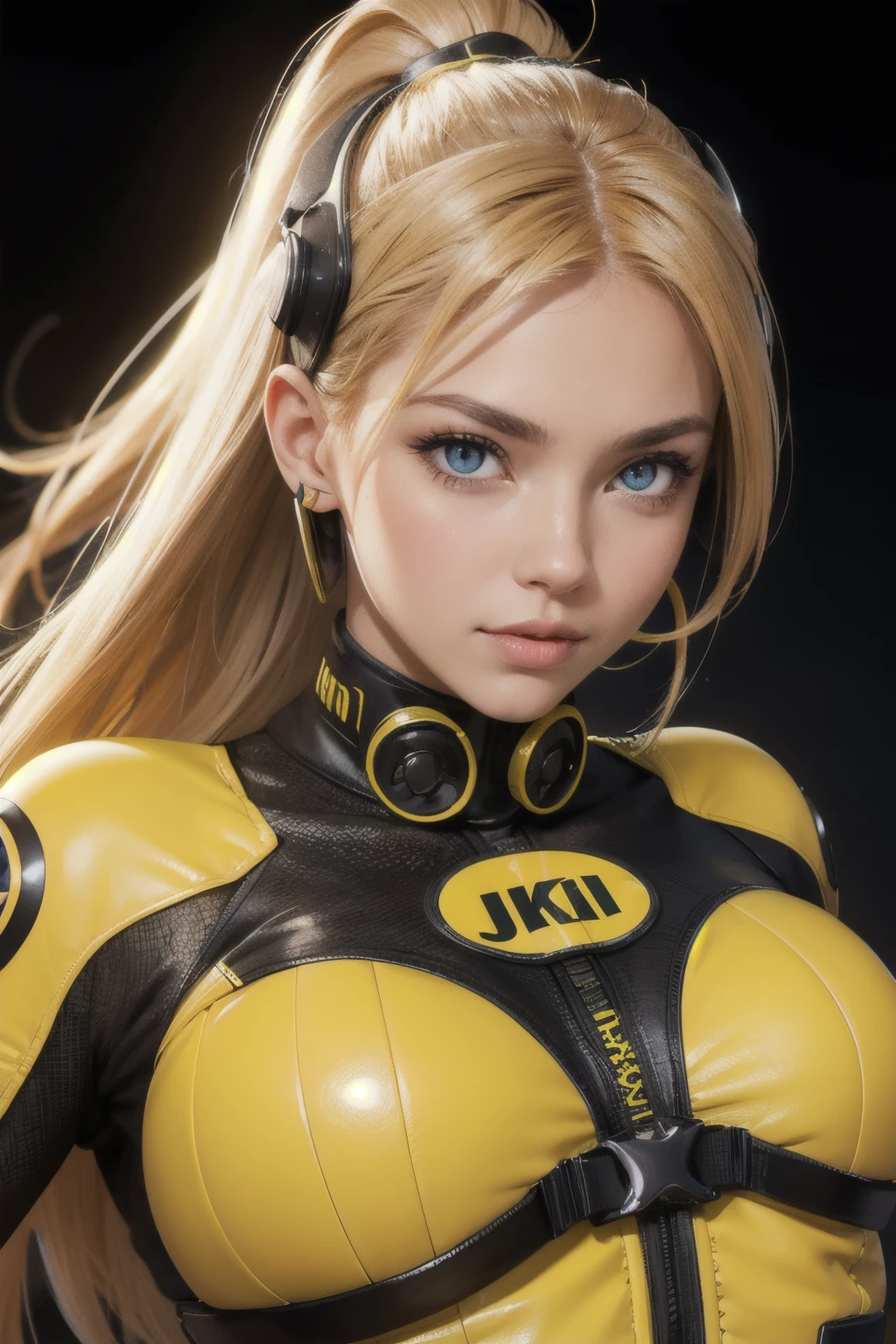 fille aux longs cheveux jaunes, yeux jaunes, Vibrations futuristes, masque sur la bouche, casque, 8k, High quality, sinple background, Des yeux brillants, nice pose