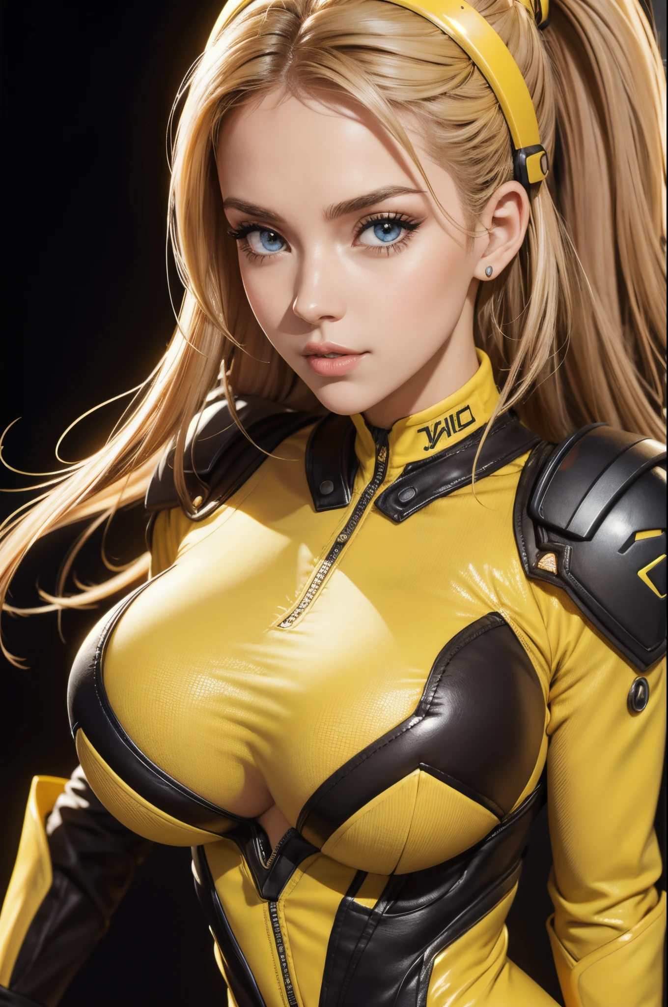 fille aux longs cheveux jaunes, yeux jaunes, Vibrations futuristes, masque sur la bouche, casque, 8k, High quality, sinple background, Des yeux brillants, nice pose, full body, big boobs
