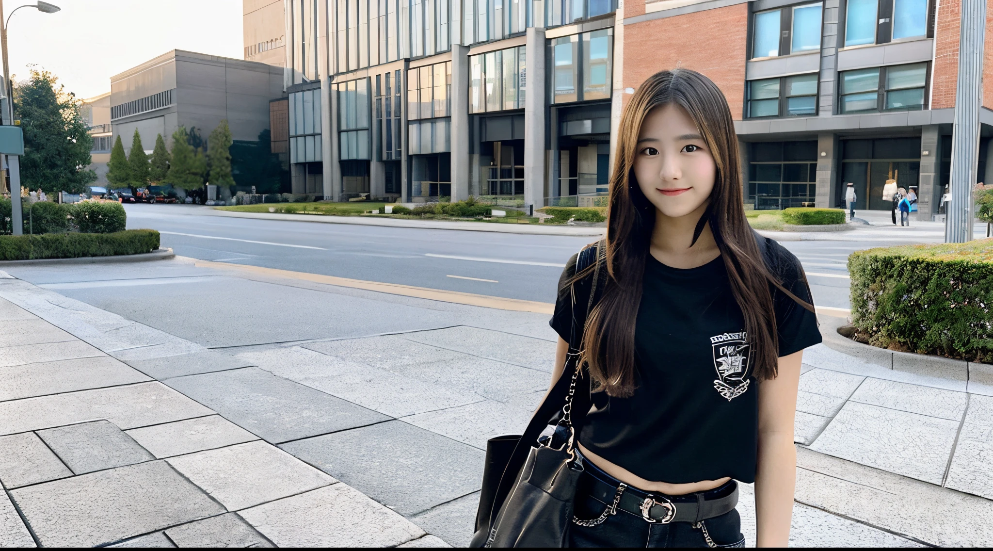 18 year old female college student wearing a black miniskirt