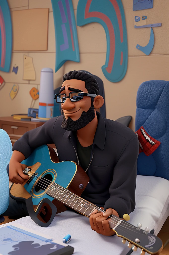 Cartoon character of a strong black man wearing black glasses and a blue shirt and cap on his head an animated character, com guitarra Personagem Estilizado, animation style rendering, 3D estilizado, Arnold Maya render, 3 d render stylized, toon render keyshot, Personagem 3D, Personagem 3D, 3d rendering stylized, 3 d character render, personagem de desenho animado, Personagem de close up, Pose de personagem, (Estilo Pixar) (master part:1.2) (Bokeh) (best quality) (pele detalhada) (textura detalhada) (8k) (argila) (Cinematic lighting) (foco nítido，Senta e vaza a parte superior do corpo