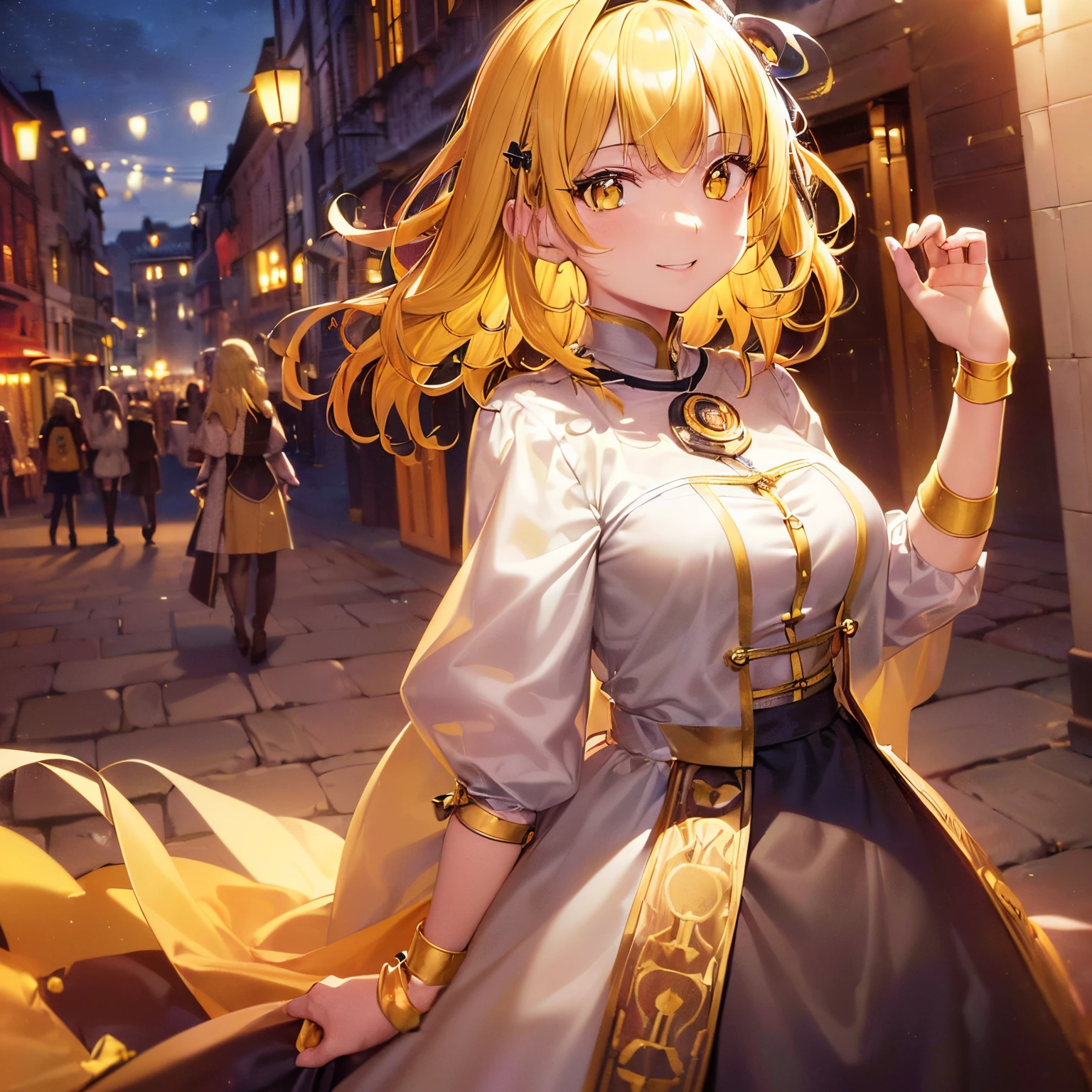 ((masutepiece, Best Quality,Ultra-detailed,8K, 4K )) , ,girl ,Standard height, , ( clear yellow eyes:1.5),(eyes in Highlights :1.3),(Medium Hair , Yellow hair:1.4) , Perfect face, Very charming, Smile ,Princesswear ,Glittering accessories, (Hair Accessories:1.3),( Medieval city:1.3)